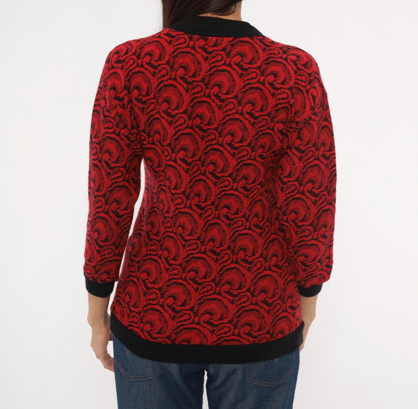 80s Down Side Up Jacquard Swirl Sweater Red Black Crew Neck Extra Small XS
