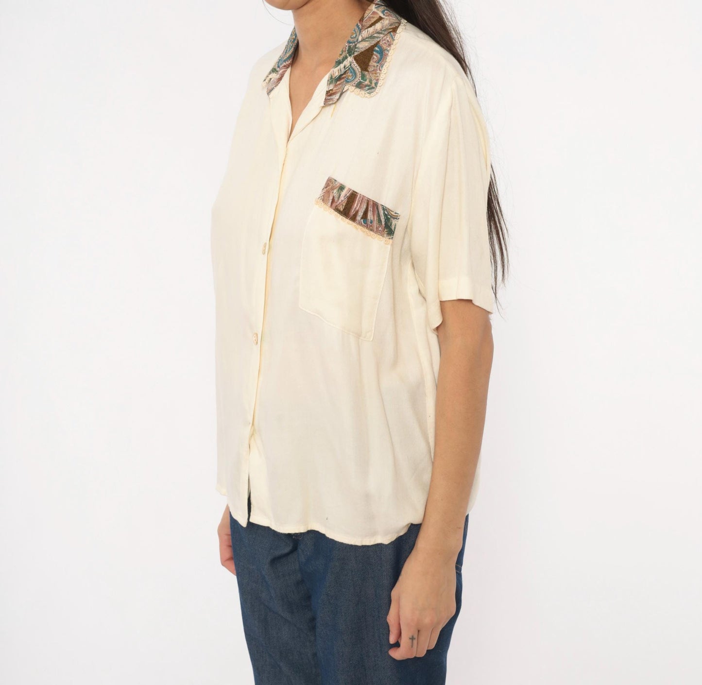 90s Giselle Paisley Collar Blouse Cream Lace Trim Short Sleeve Medium M