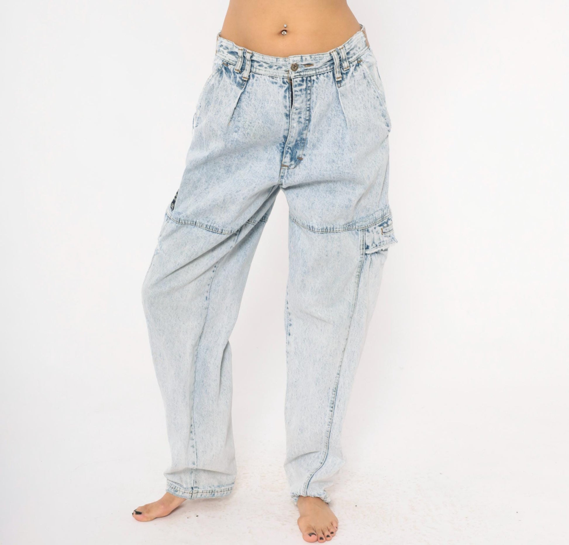 80s Bugle Boy Acid Wash Cargo Jeans Light Blue High Rise 33L