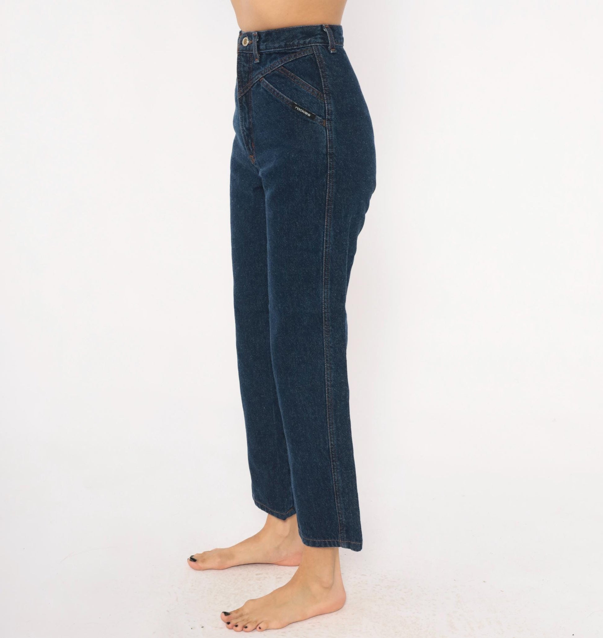 90s Rockies High Waisted Dark Wash Denim Mom Jeans Navy Tapered Leg Extra Small XS