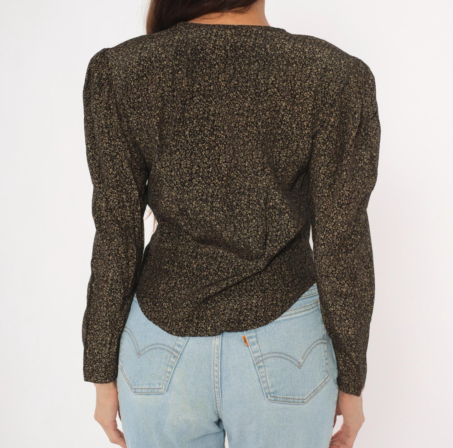 90s Maggie Lawrence Black Gold Ditsy Floral Puff Sleeve Blouse Small S