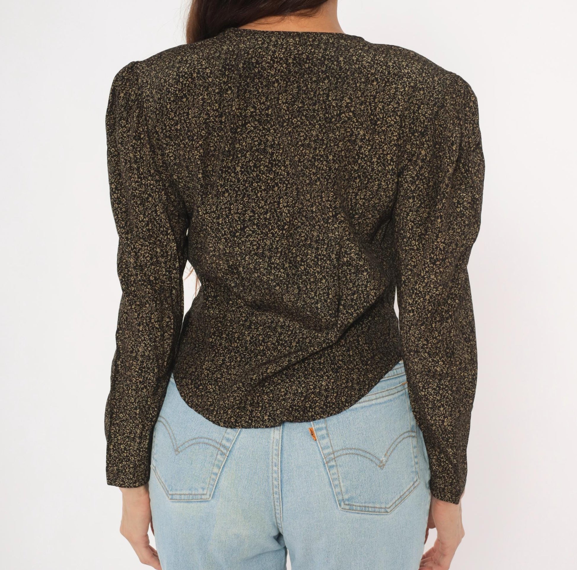 90s Maggie Lawrence Black Gold Ditsy Floral Puff Sleeve Blouse Small S