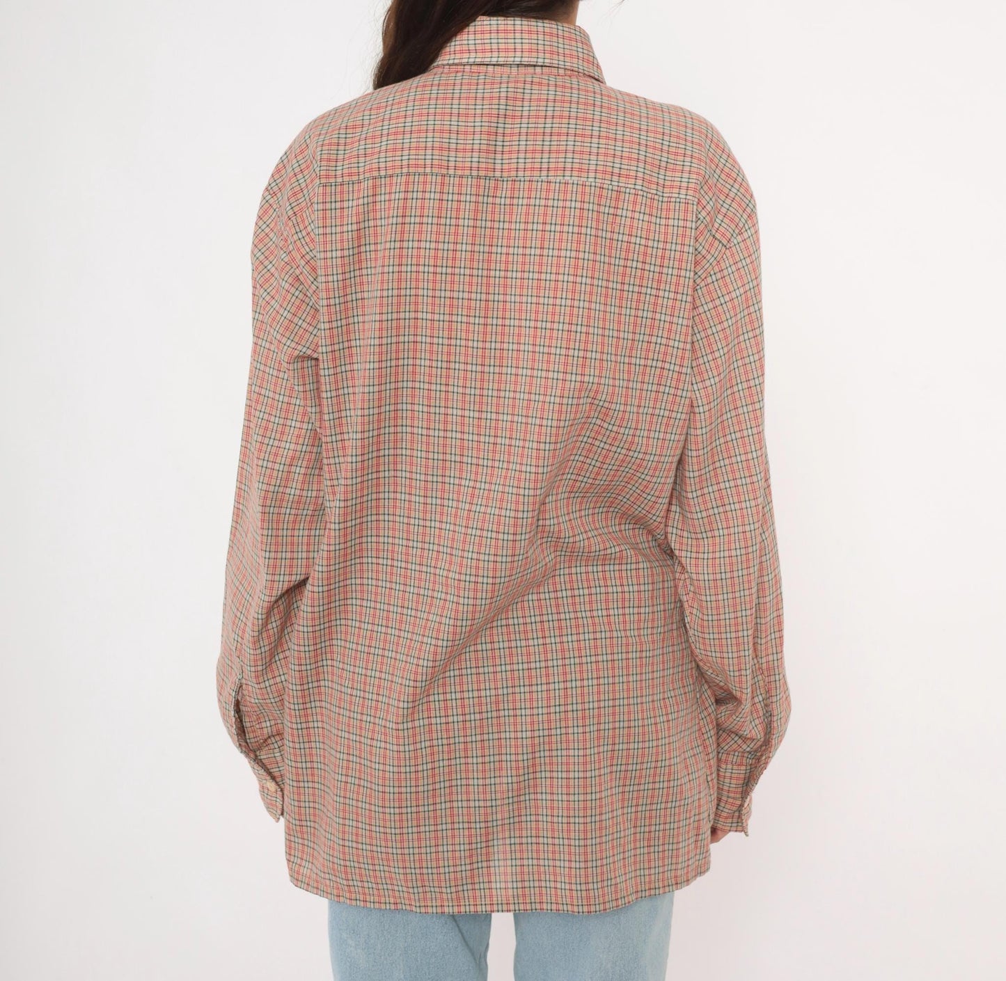 90s Plaid Button-Up Shirt Red Green Tan Check Cotton Point Collar Medium M