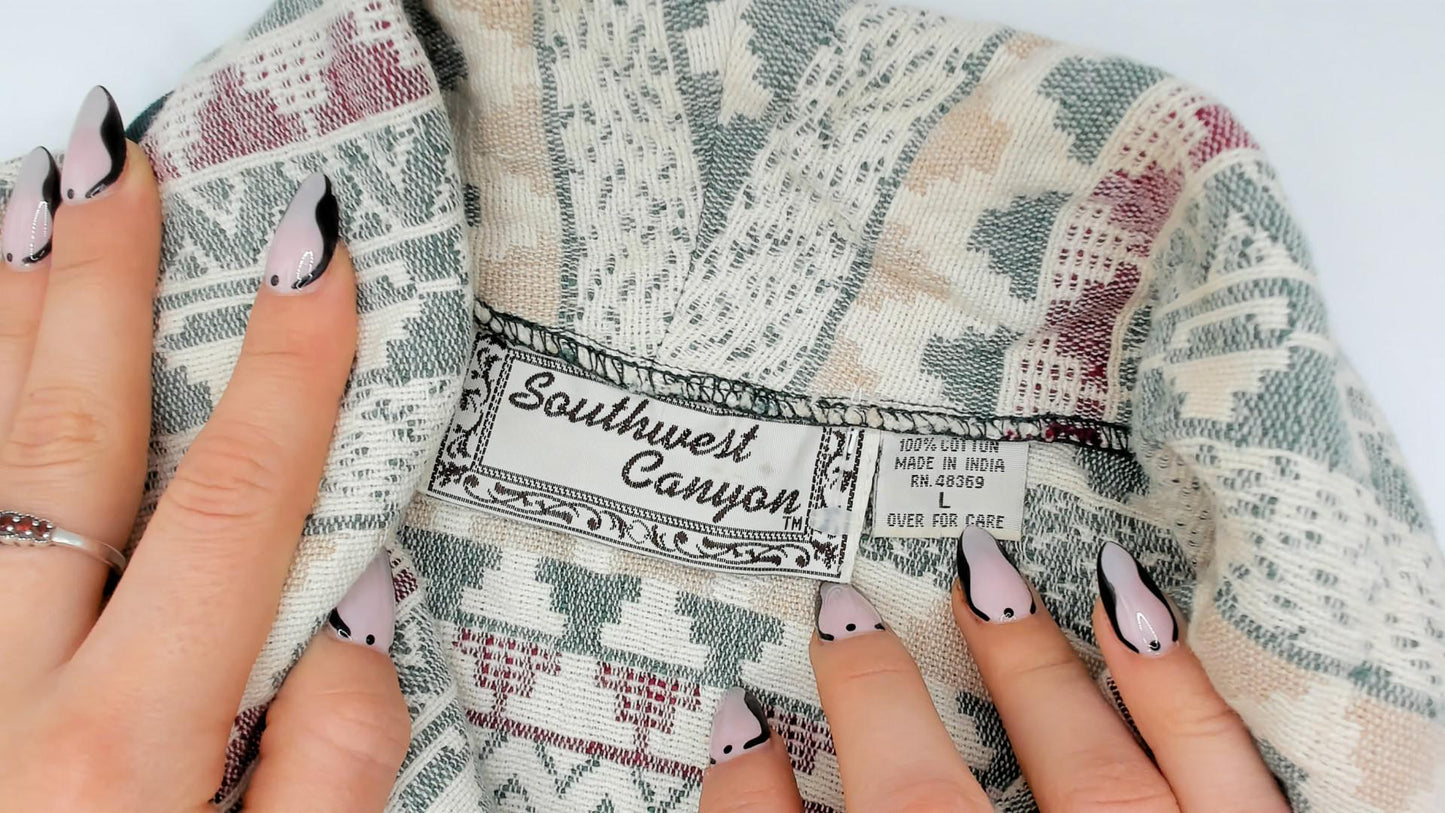 90s Southwest Canyon Tapestry Jacket Cropped Cream Sage Geometric Wooden Button Large L
