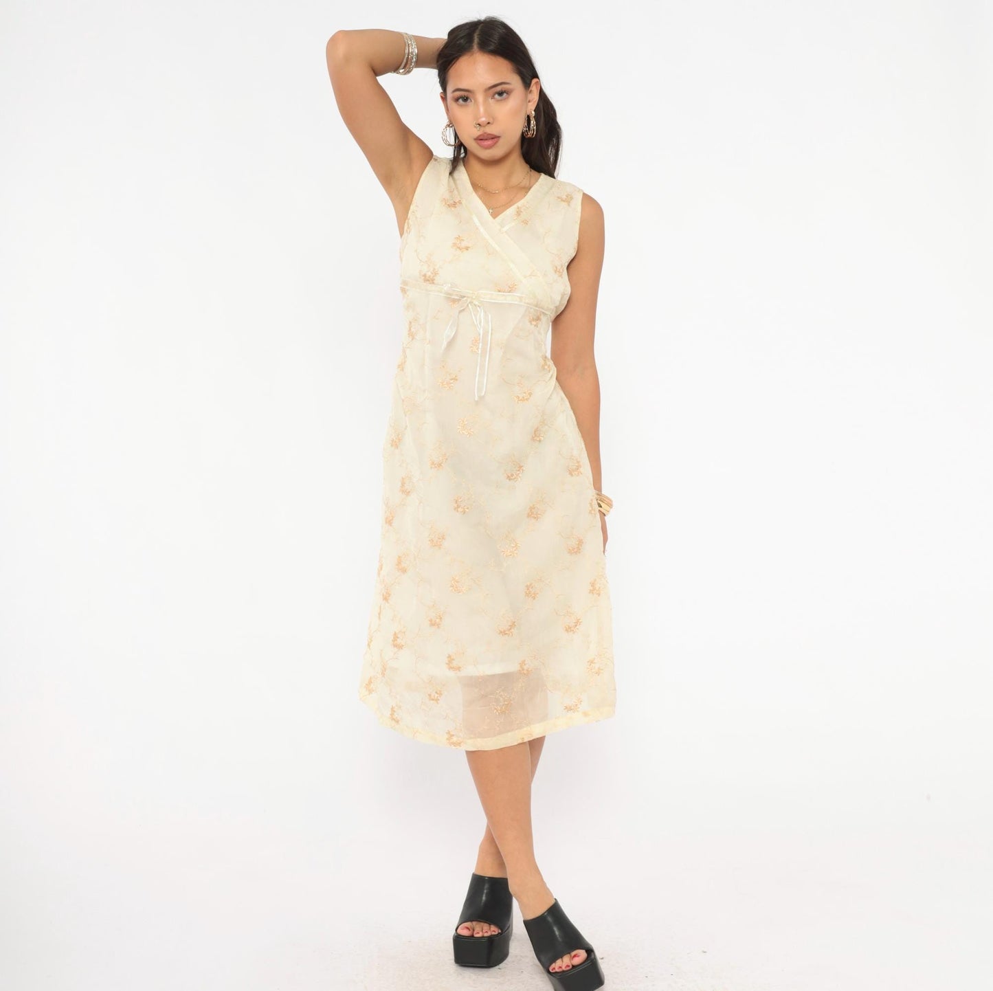 Y2K Nice Mommy Cream Organza Floral Embroidered Dress Gold Vine Knee Length Large L