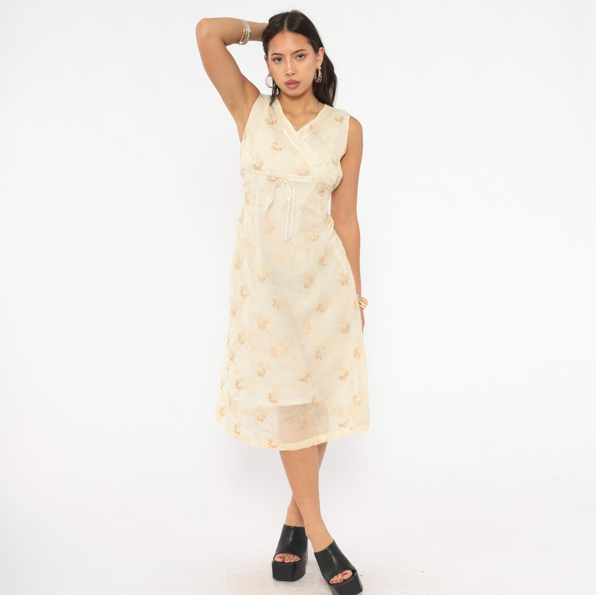 Y2K Nice Mommy Cream Organza Floral Embroidered Dress Gold Vine Knee Length Large L