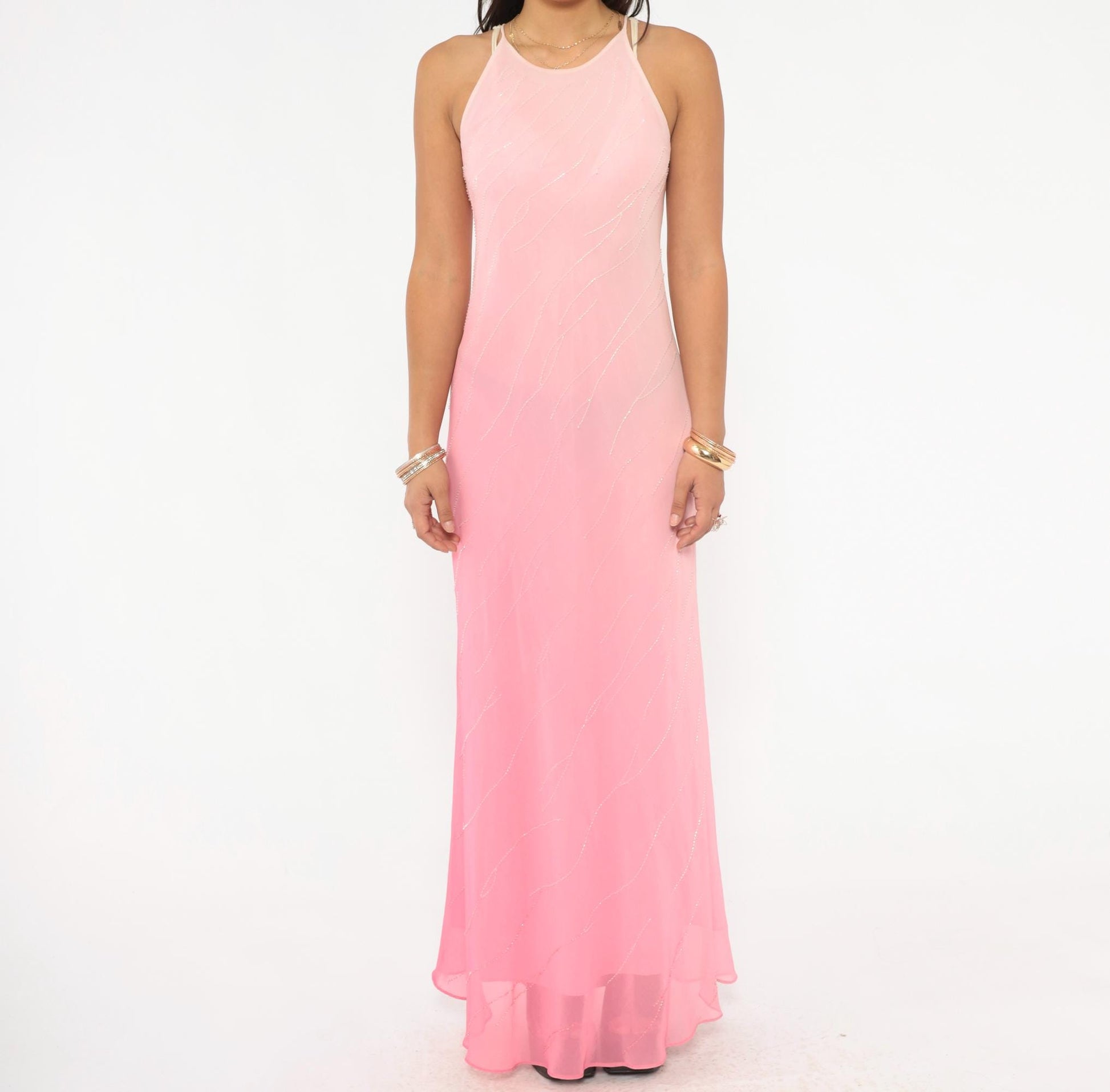 2000s Pink Ombre Beaded Maxi Gown Halter Chiffon Chelsea Nites Small