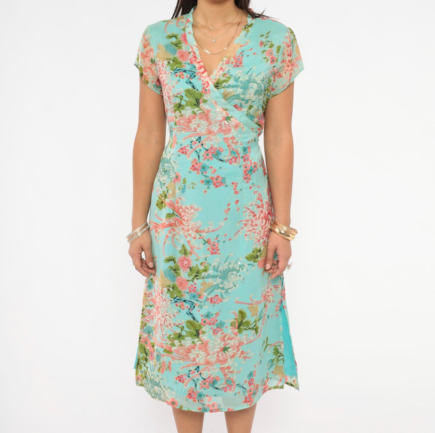 2000s Charlotte Russe Chrysanthemum Floral Midi Dress V-Neck Cap Sleeve Teal Medium M