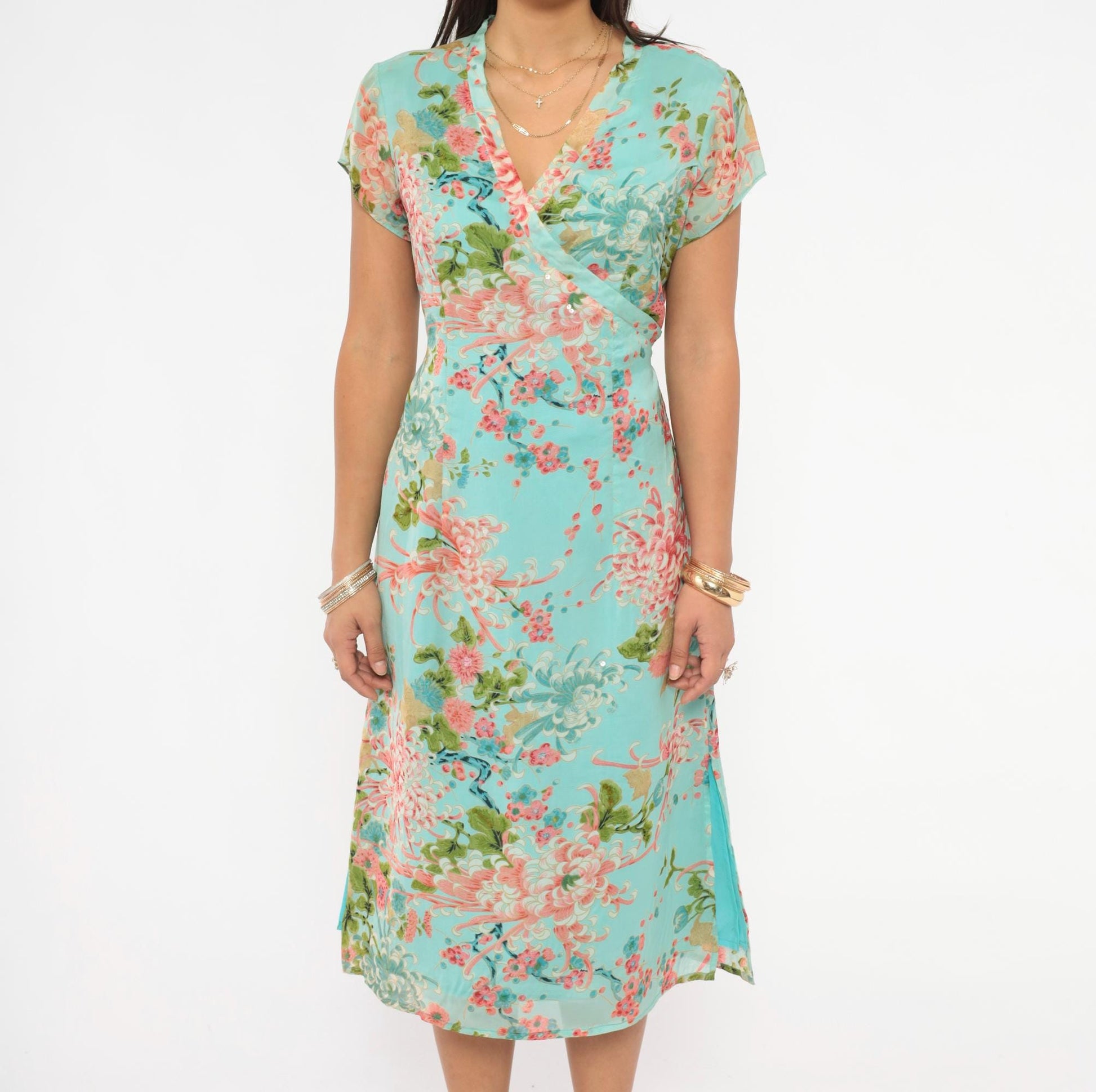 2000s Charlotte Russe Chrysanthemum Floral Midi Dress V-Neck Cap Sleeve Teal Medium M