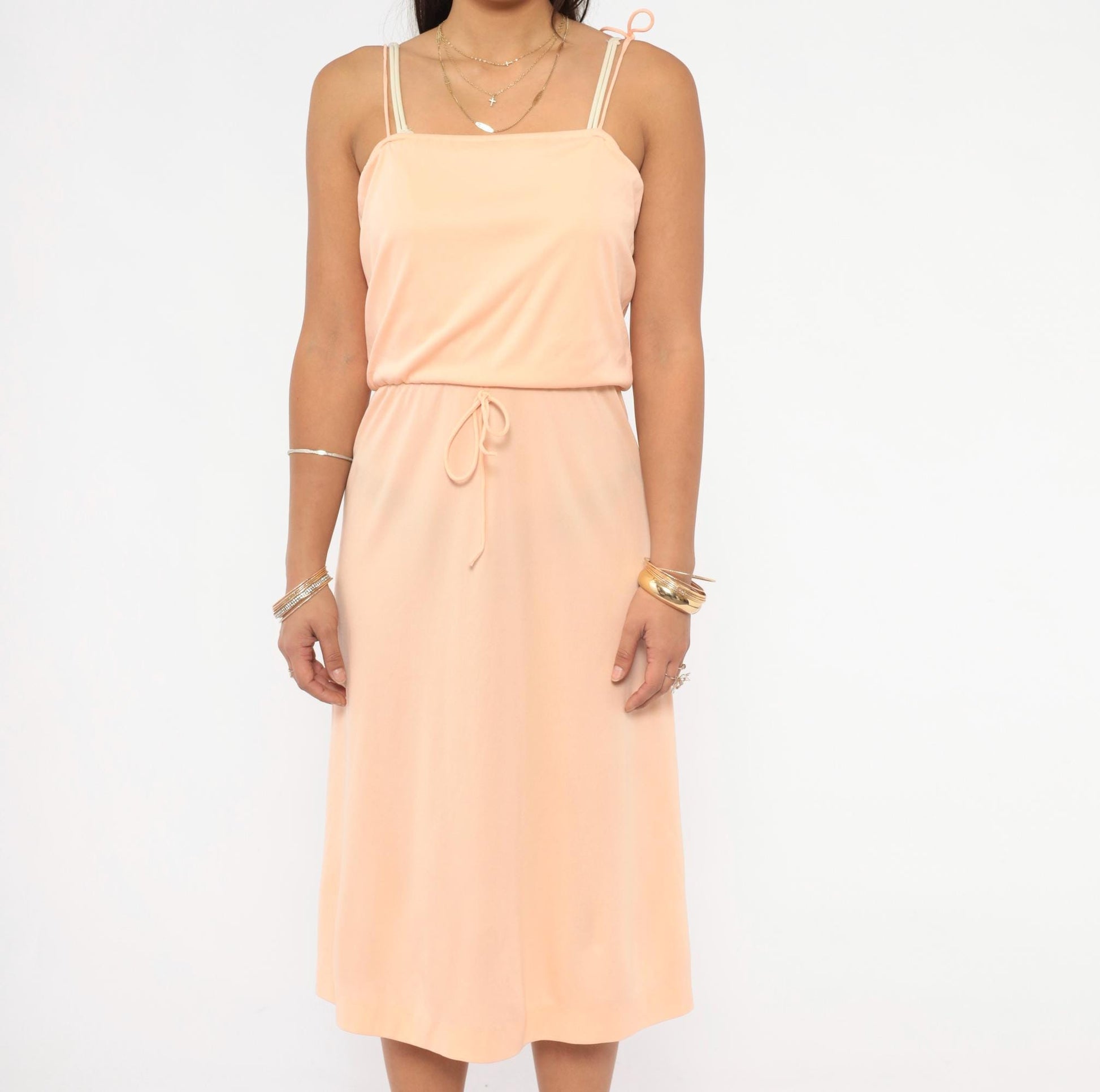 70s Peach Spaghetti Strap Midi Dress Tie Waist Blouson Bodice Small