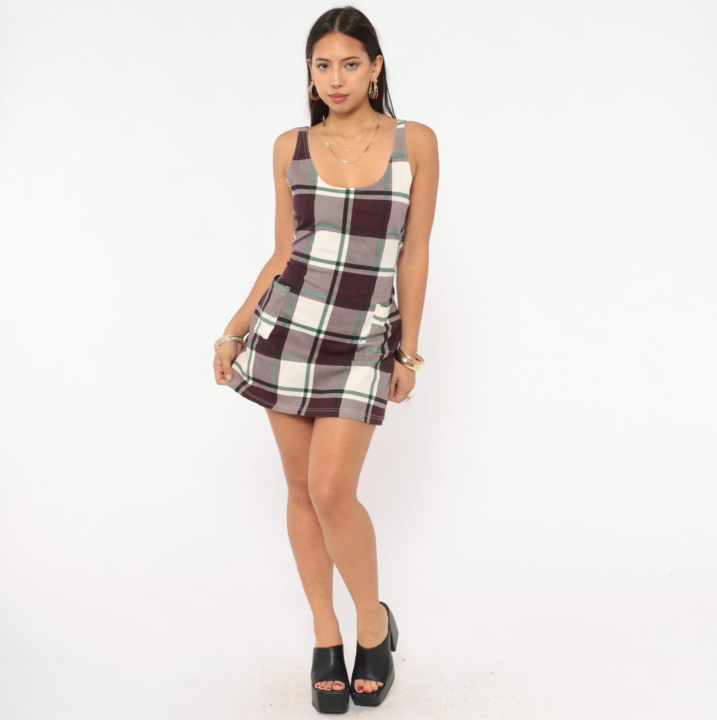 90s In Charge Plaid Mini Dress Burgundy Tartan Tank Small S