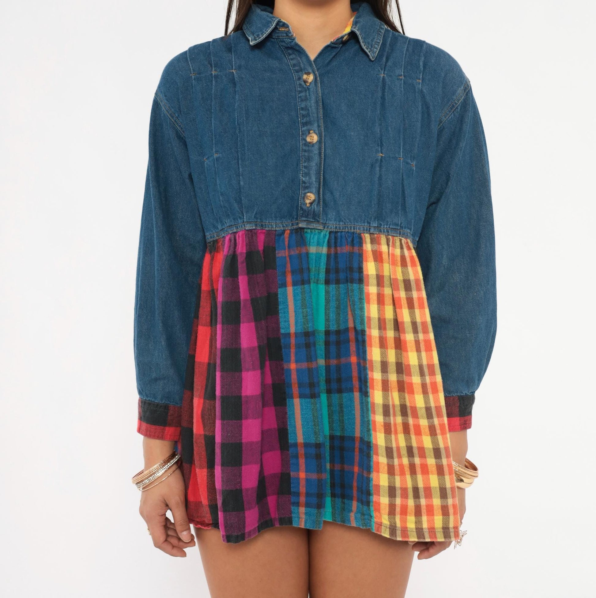 90s American Pop Denim Babydoll Mini Dress Patchwork Plaid Multicolor Extra Small