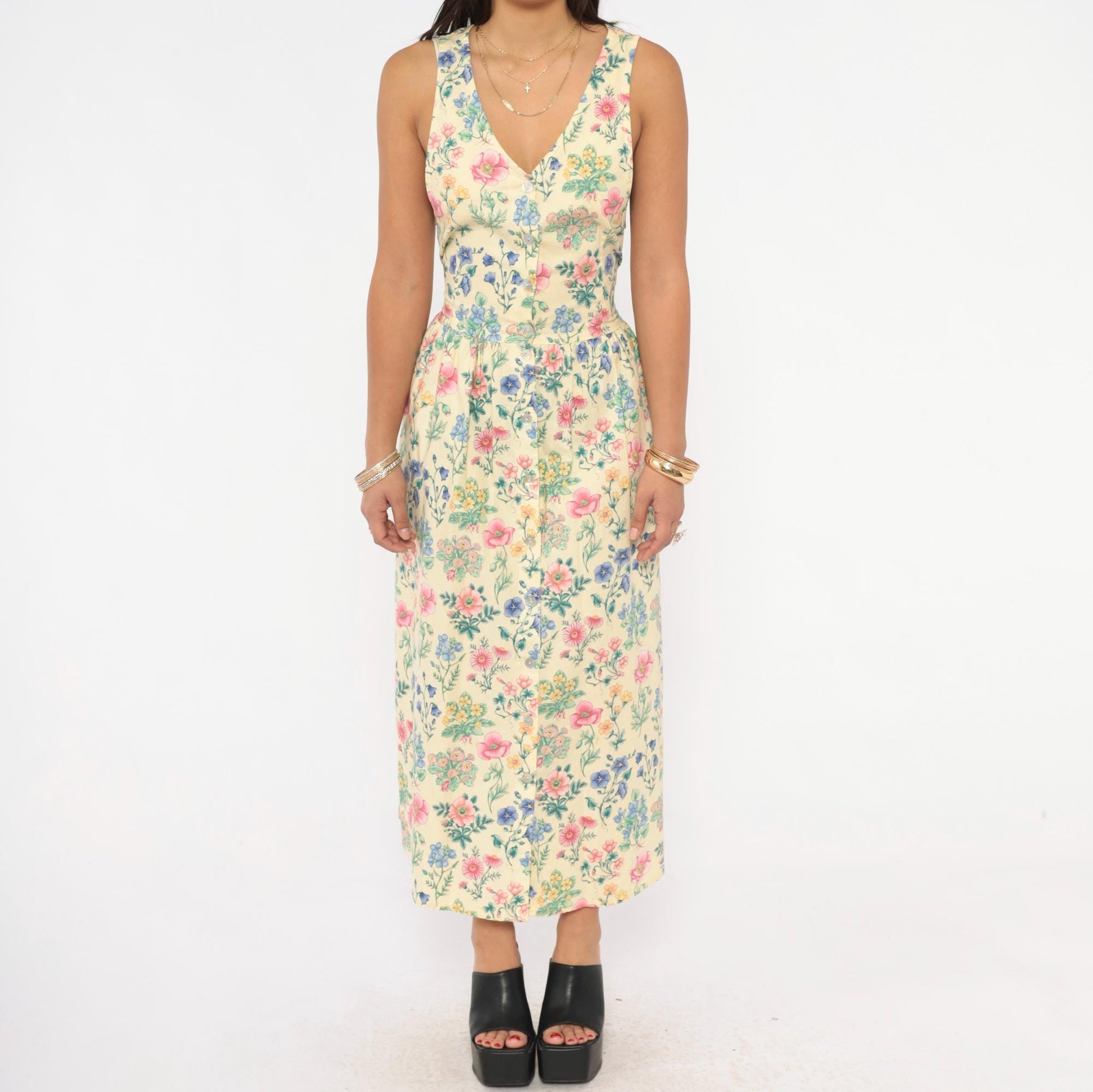 90s Faith Mountain Company Botanical Midi Dress Butter Yellow Floral V-Neck Small