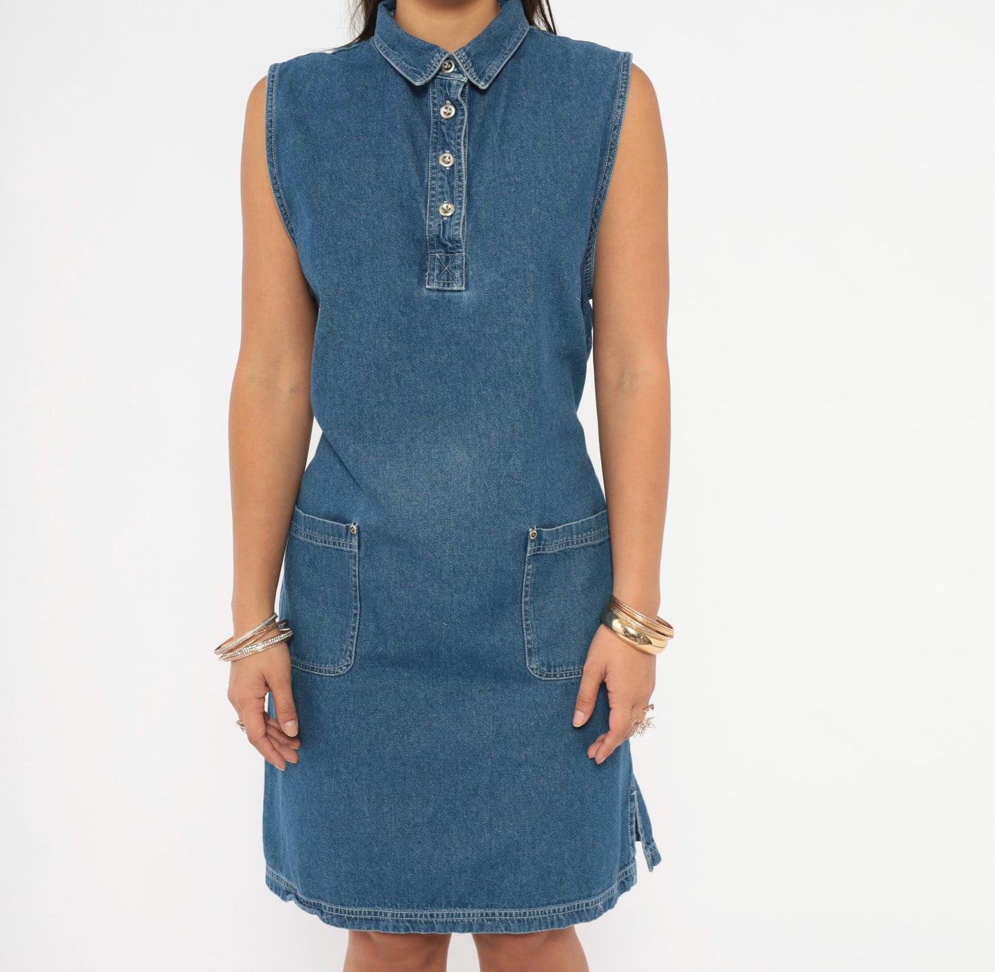 90s Denim Shift Dress Sleeveless Button Front Blue Jean Medium Large