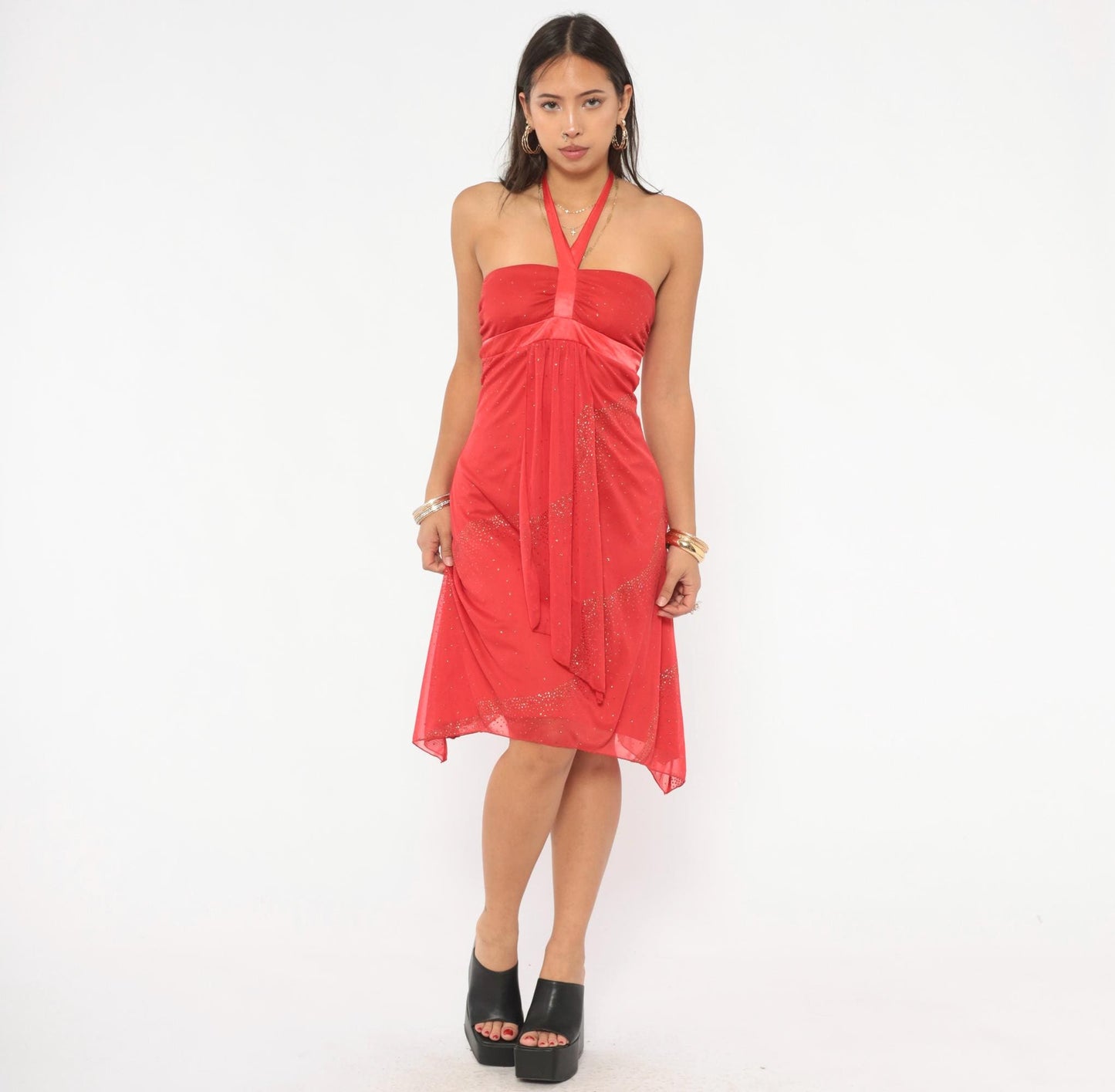 Y2K Red Halter Mini Dress Glitter Rhinestone Chiffon Extra Small XS