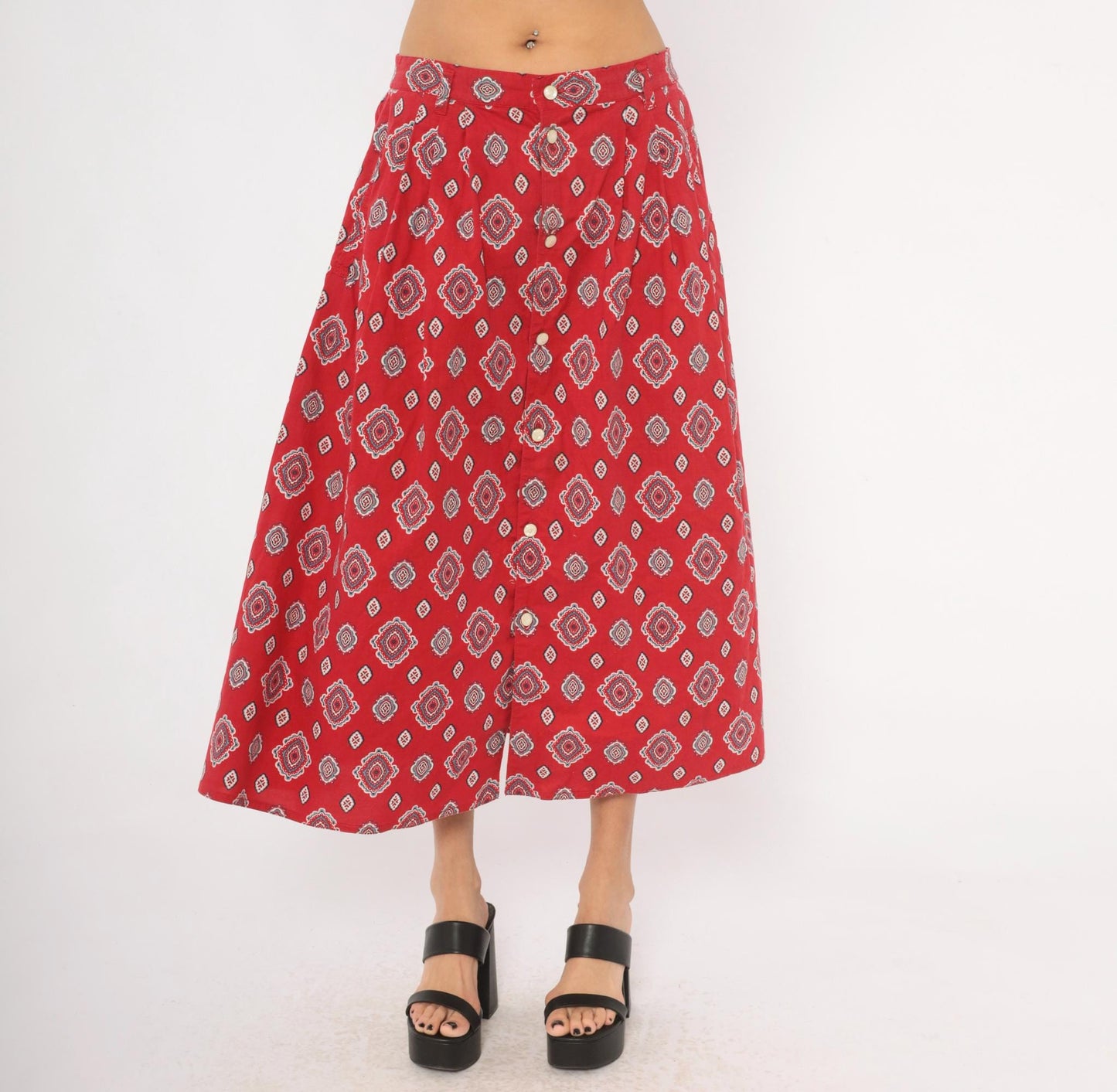90s Liz Wear Southwestern Midi Skirt Red Medallion Print Cotton Large L