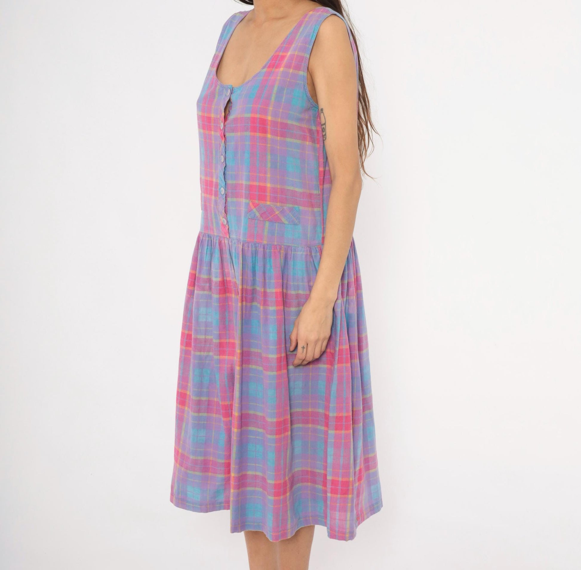 90s Victoria Plaid Cotton Midi Sundress Purple Pink Blue Large L