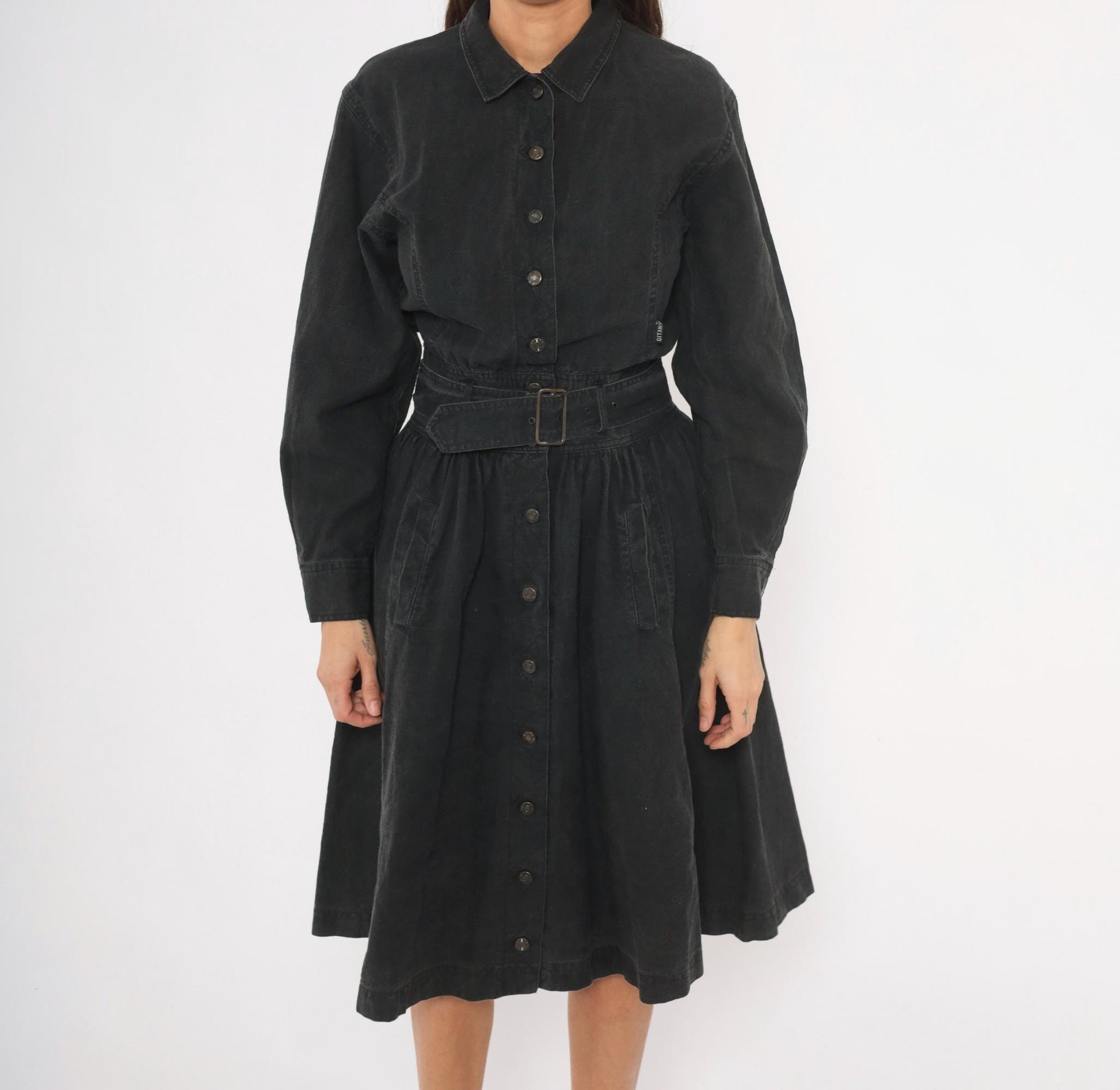90s Gitano Black Denim Shirtdress Belted A-Line Gathered Skirt Medium M