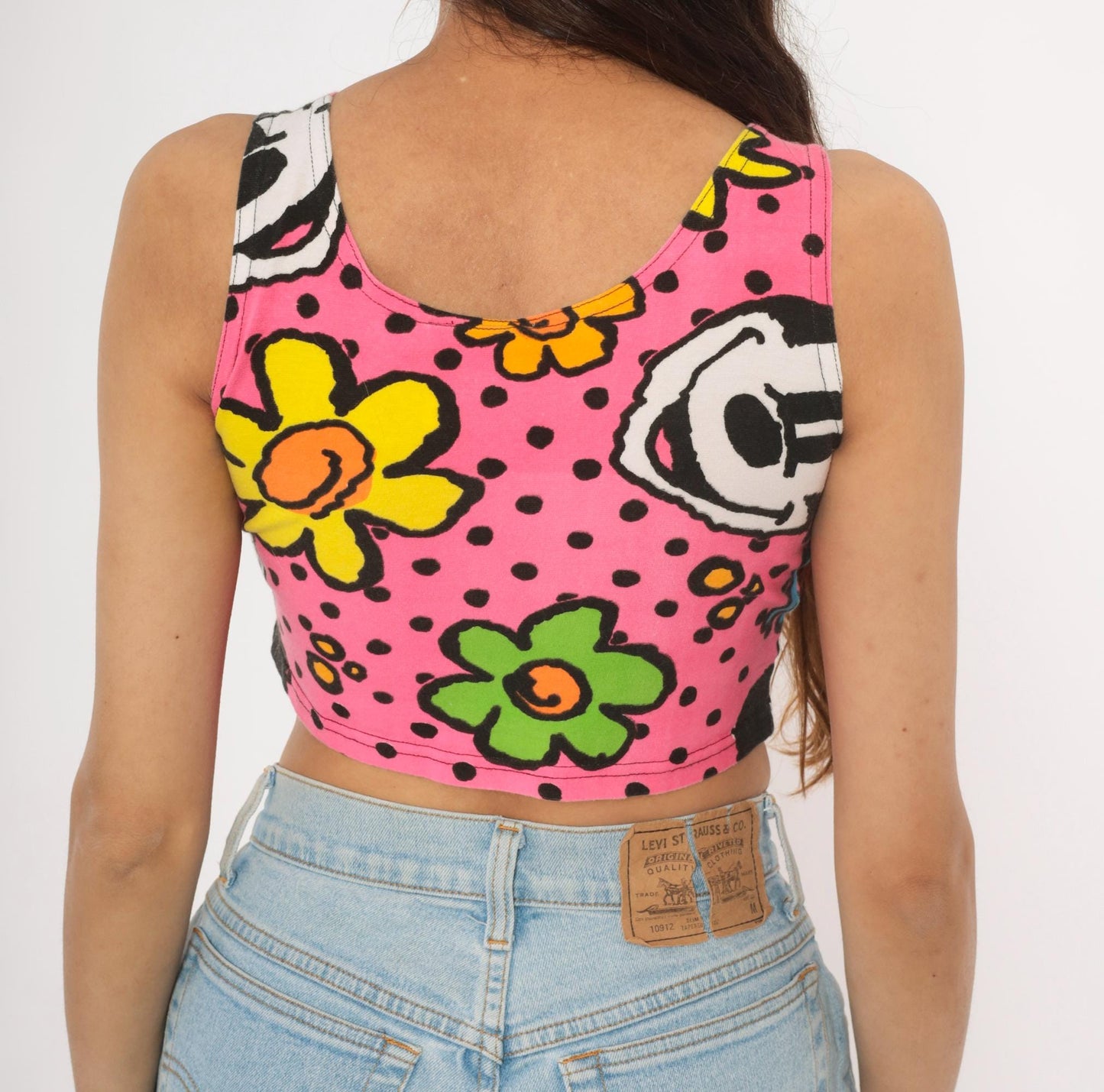 90s Mickey & Co Crop Tank Top Pink Floral Polka Dot Small S