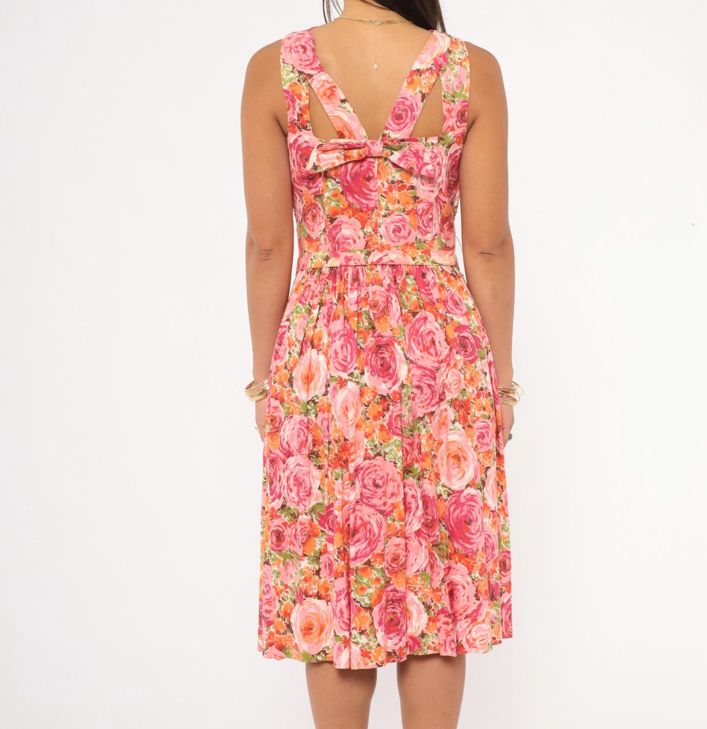 60s Kleinerts Rose Print Dress Pink Coral Floral Sleeveless Cotton Small