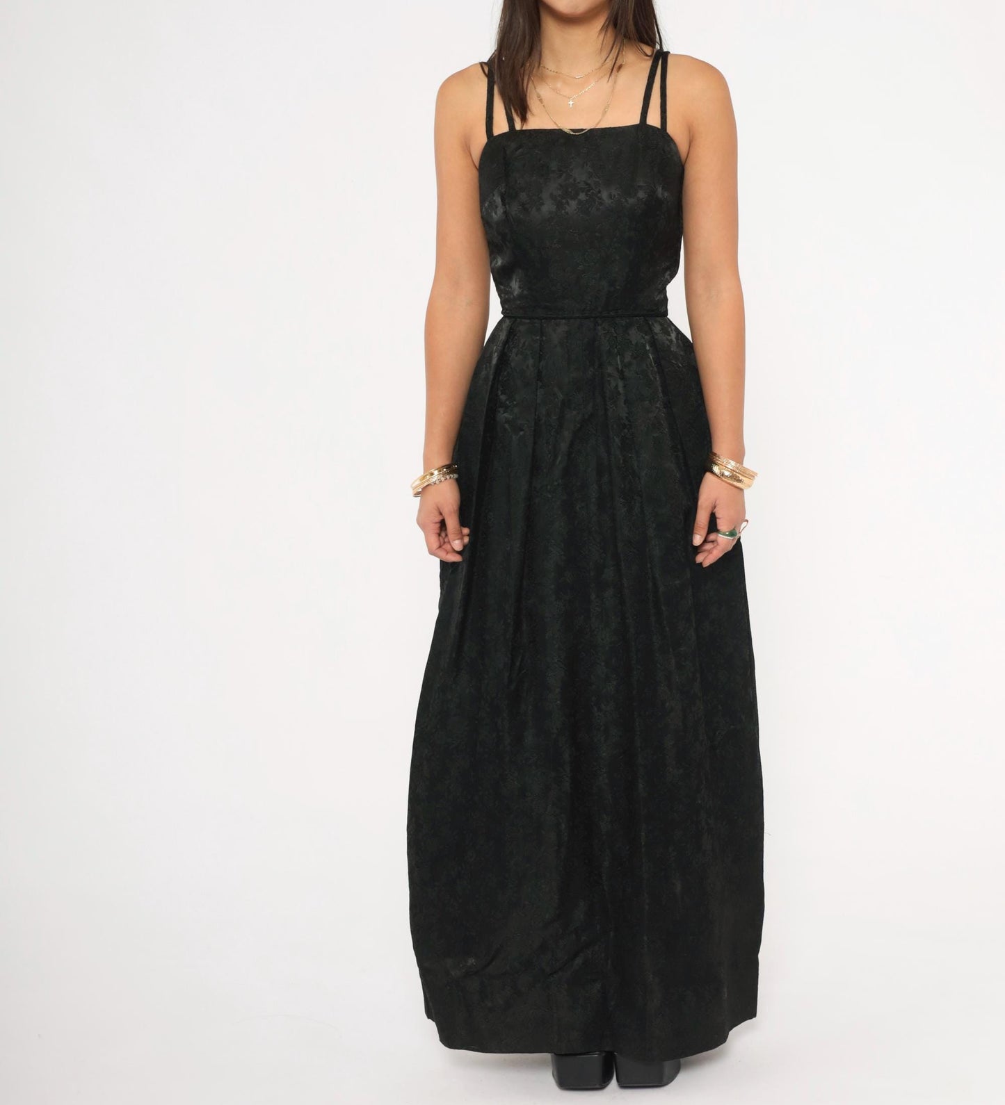 90s Black Jacquard Maxi Gown Double Strap Floral Brocade Floor Length Extra Small XS