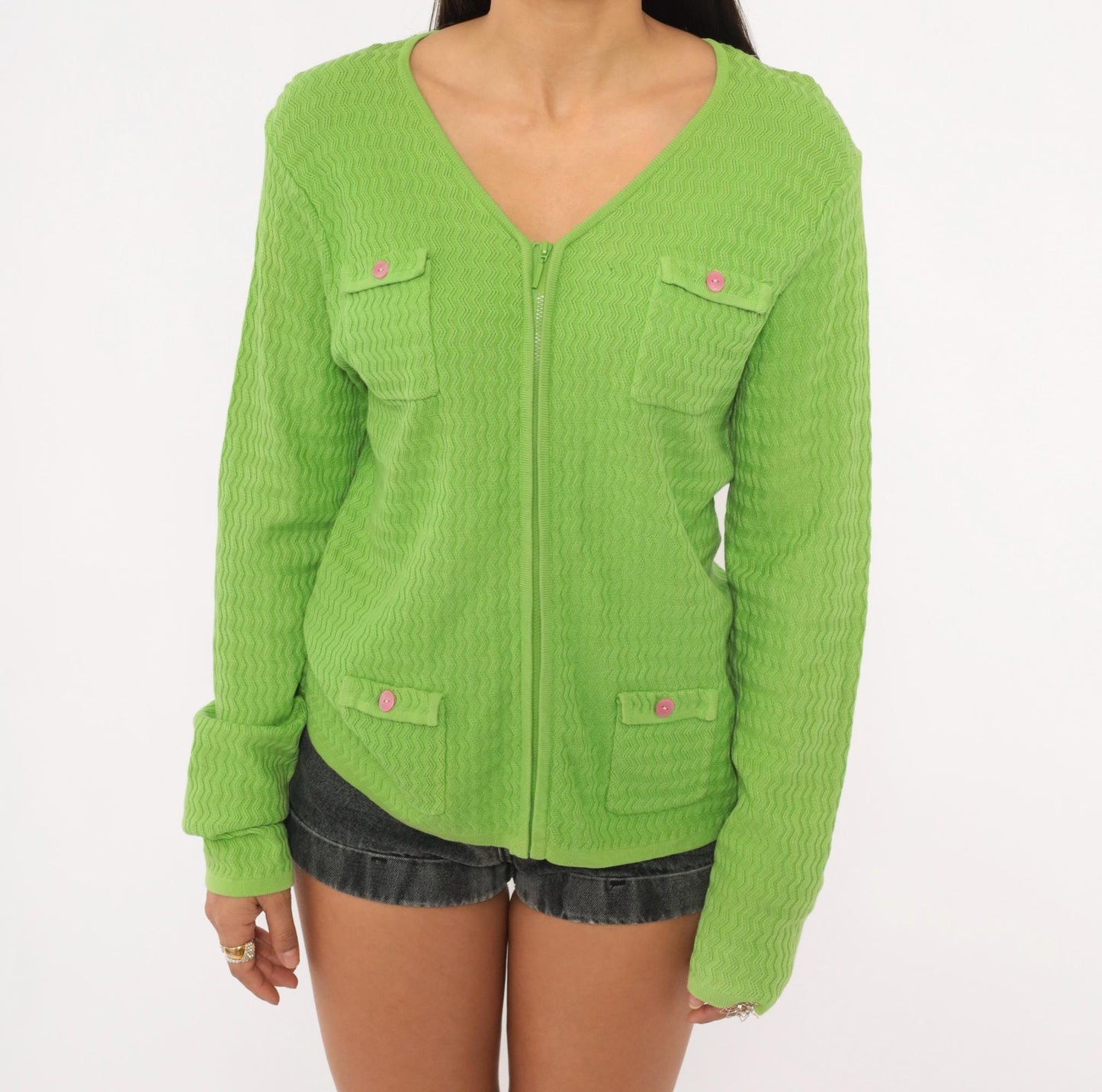 90s Sag Harbor Lime Green Chevron Cardigan Pink Button Pockets Medium M