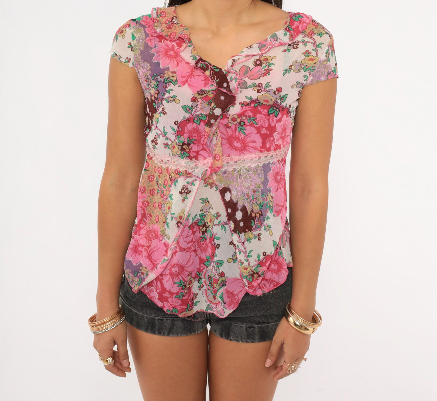 Y2K Patchwork Floral Blouse Pink Lavender Cap Sleeve Ruffle Lace Large L