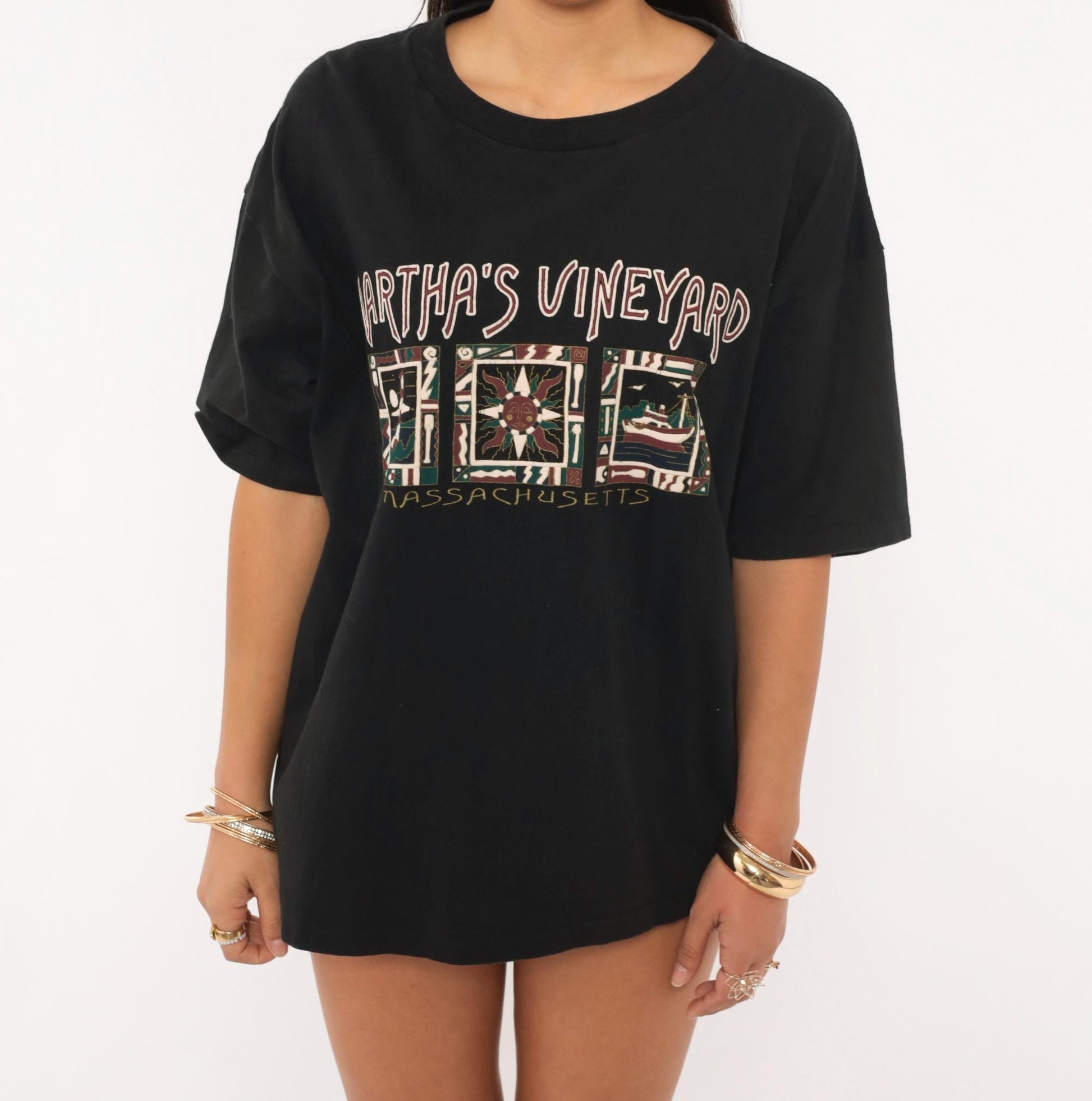 90s Martha's Vineyard Massachusetts Graphic Tee Black Cotton Oneita Large L