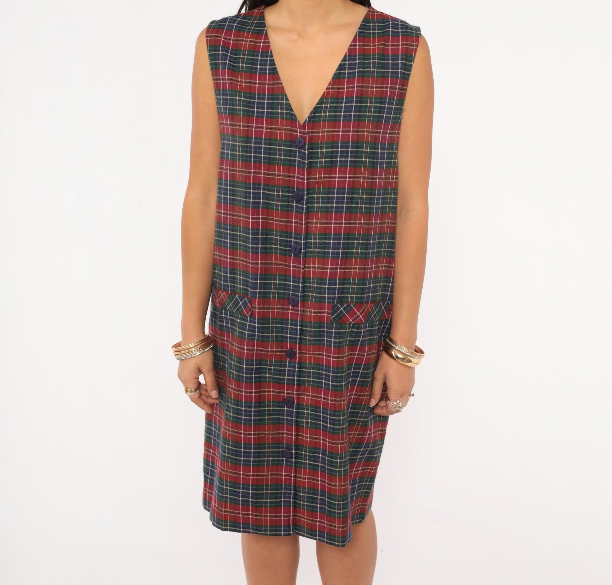 90s Baxter Wells Plaid Jumper Dress Navy Red Green Tartan Knee-Length Large L