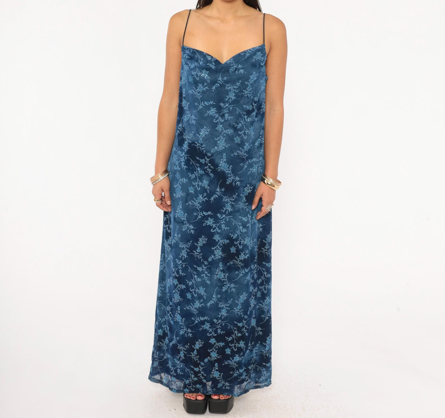 90s Jodi Michaels Navy Floral Maxi Slip Dress Glitter Sweetheart Neckline Large L