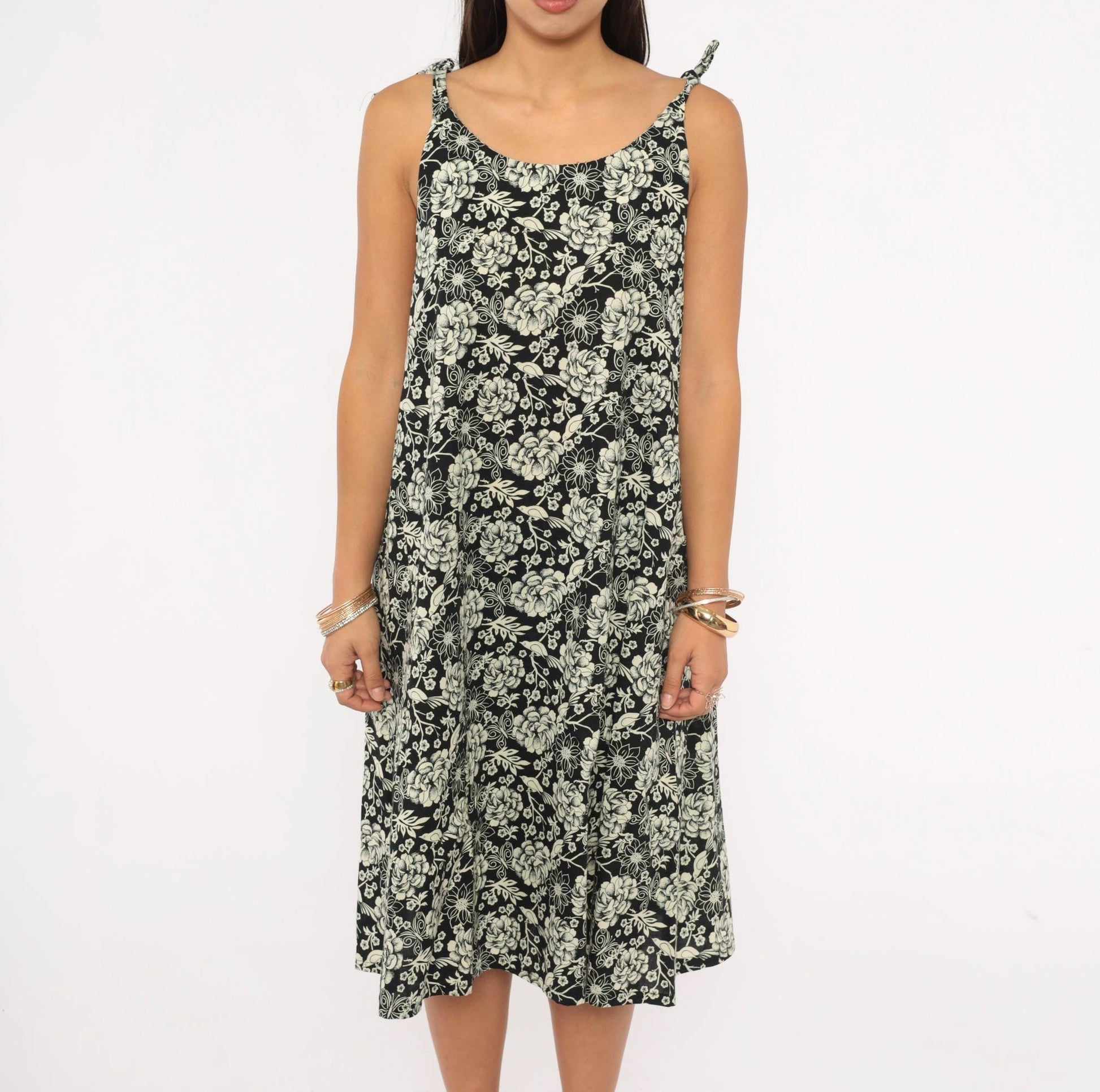 80s Floral Bird Print Sundress Black Cream Tie Shoulder A-Line Knee Length Medium M