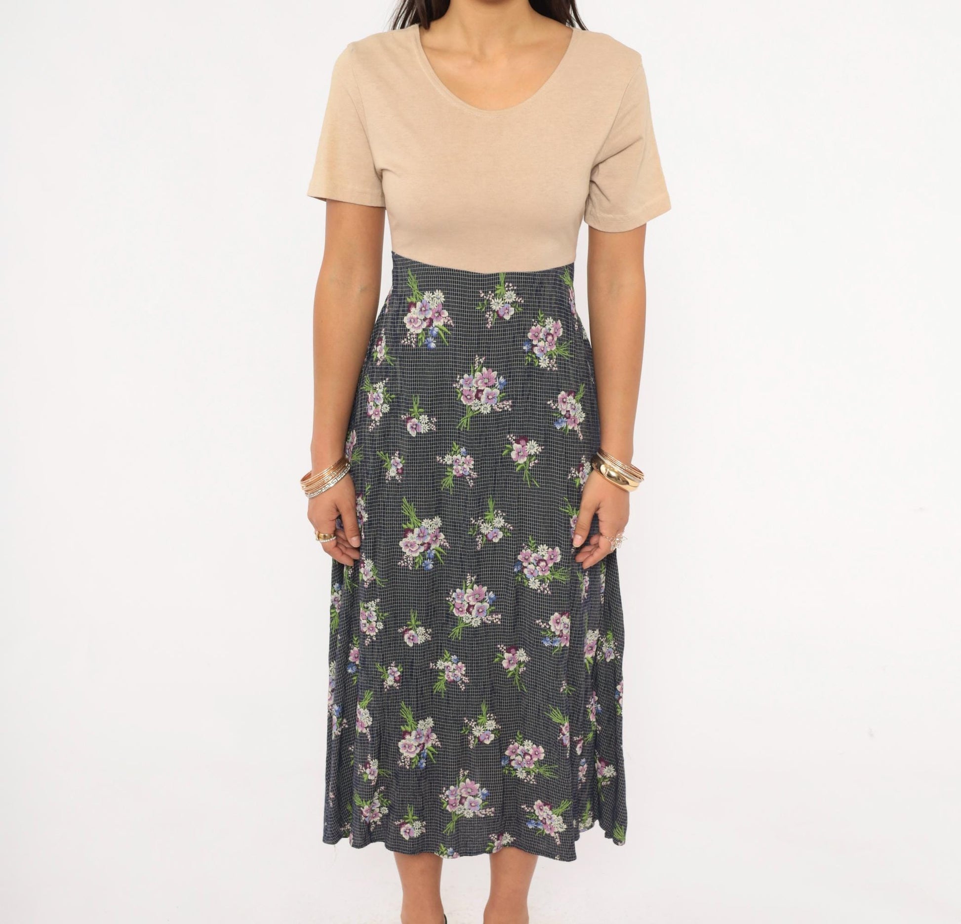 90s Gianfranco Bassi Floral Midi Dress Navy Bouquet Sand Bodice Medium