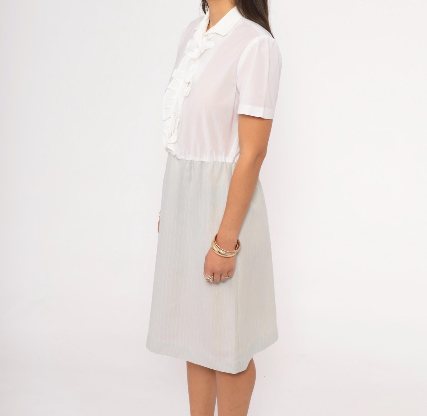 80s Two-Tone Shirtdress White Ruffle Pinstripe Grey Puff Sleeve Small Medium