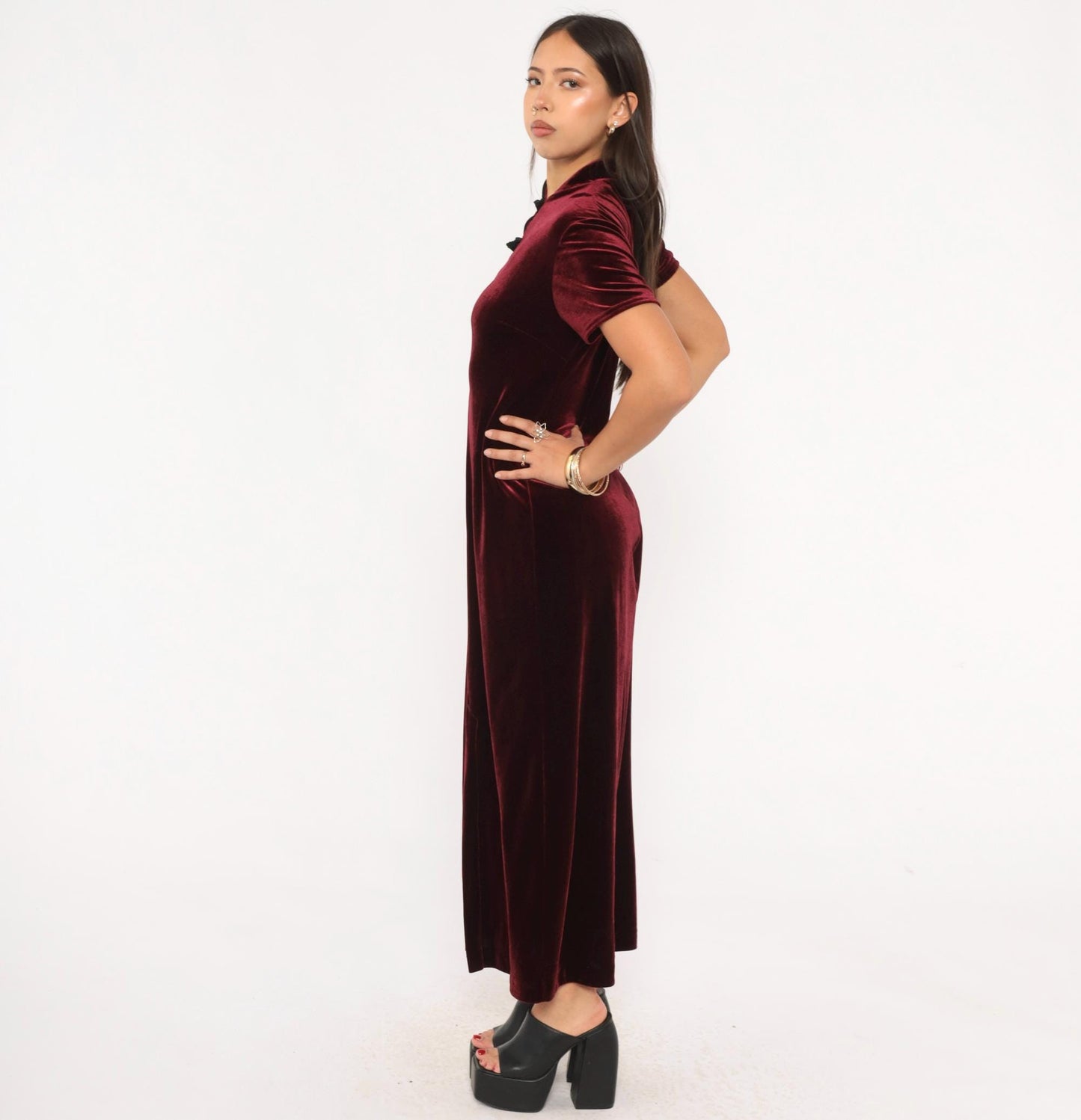 90s Dressing Clio Burgundy Velvet Cheongsam Maxi Dress Mandarin Collar Medium M