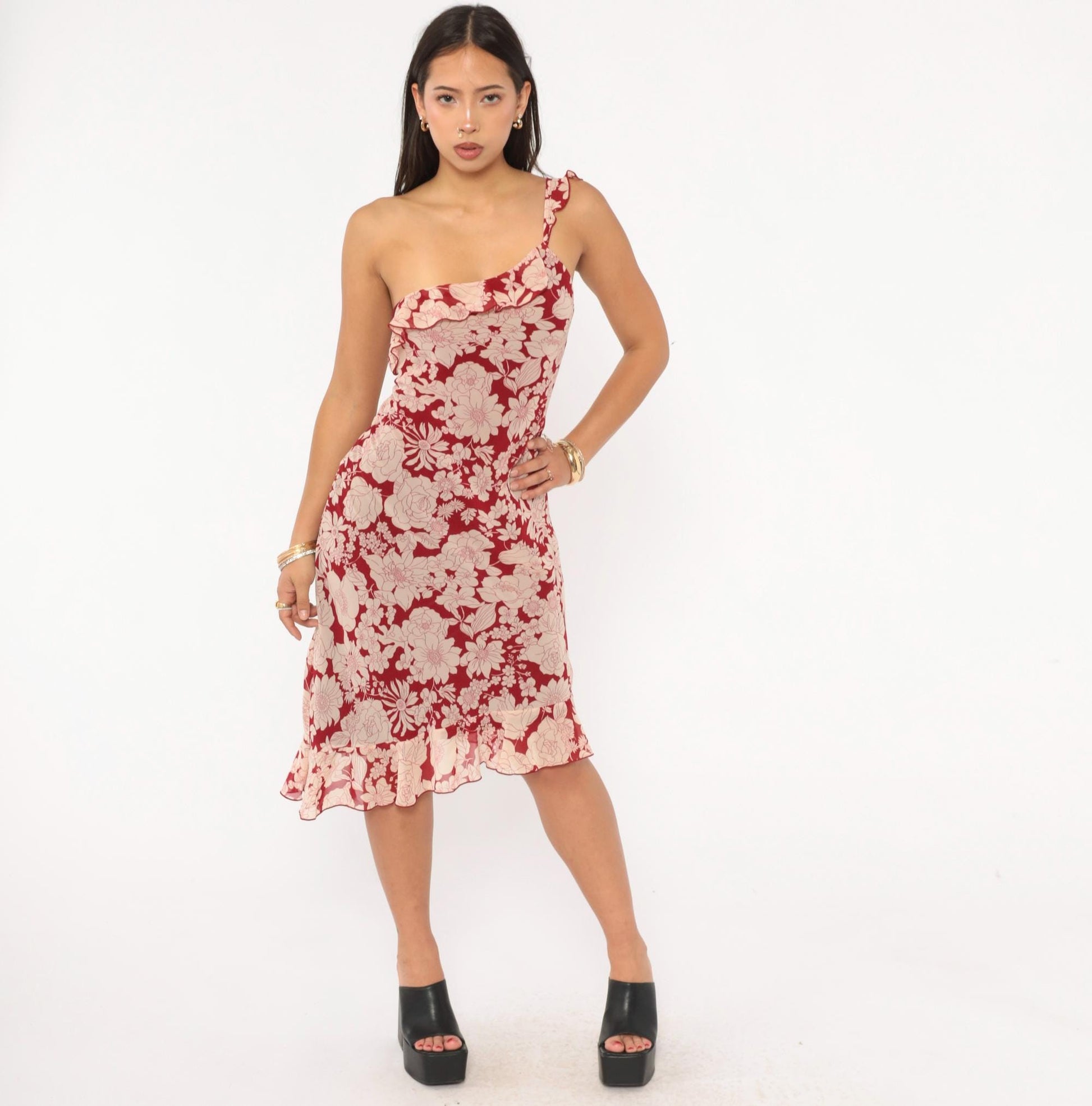 Y2K Debut USA Floral One-Shoulder Dress Red Cream Knee-Length Large L