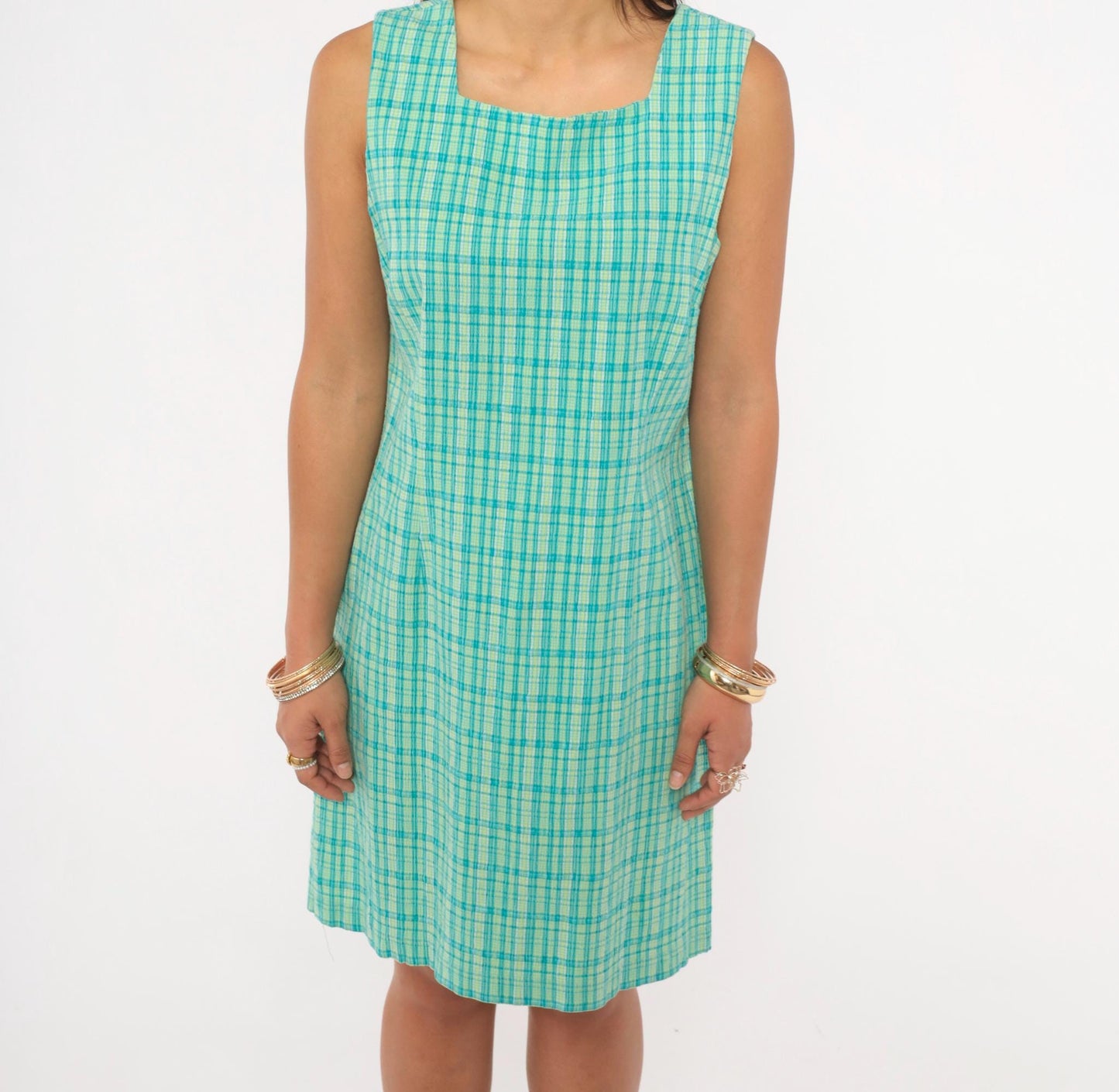 90s Elliott Lauren Plaid Shift Dress Aqua Green Check Square Neck Large L