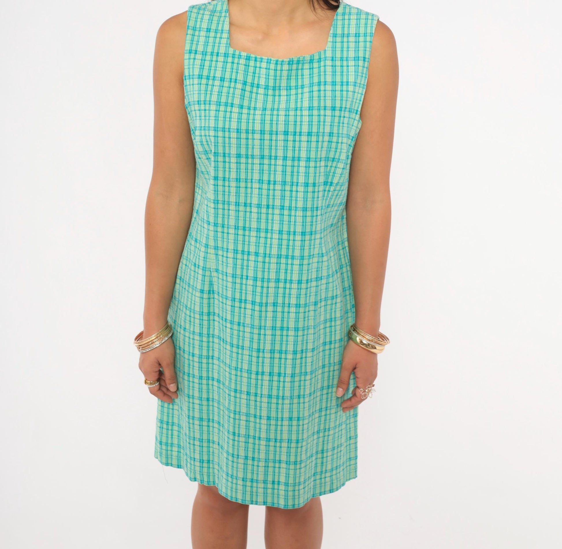 90s Elliott Lauren Plaid Shift Dress Aqua Green Check Square Neck Large L