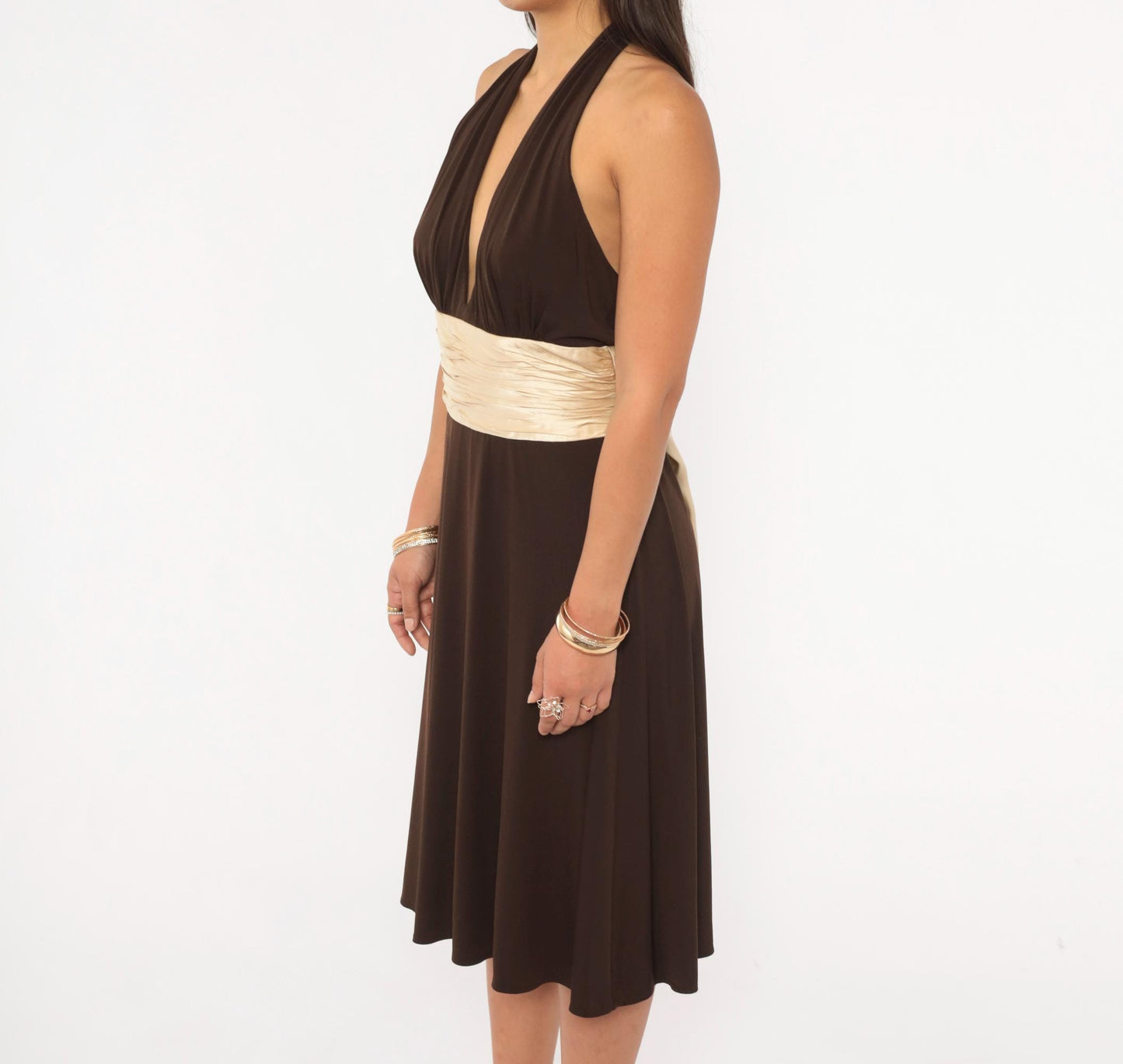 Maggy London Chocolate Halter Dress Silk Sash Deep V Open Back Knee Length Medium