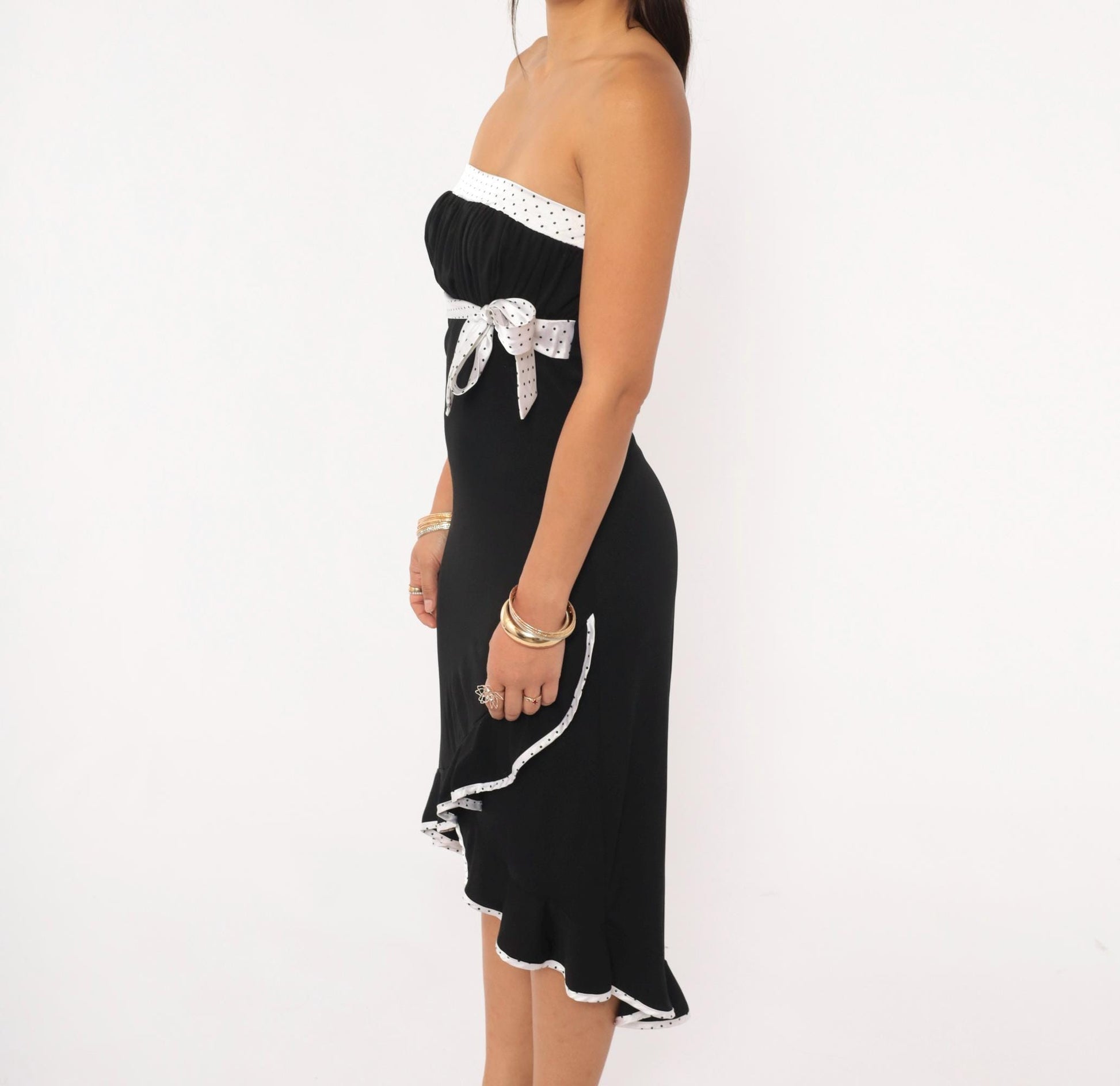2000s Trixxi Black White Polka Dot Strapless Dress Ruffle Hem Medium M