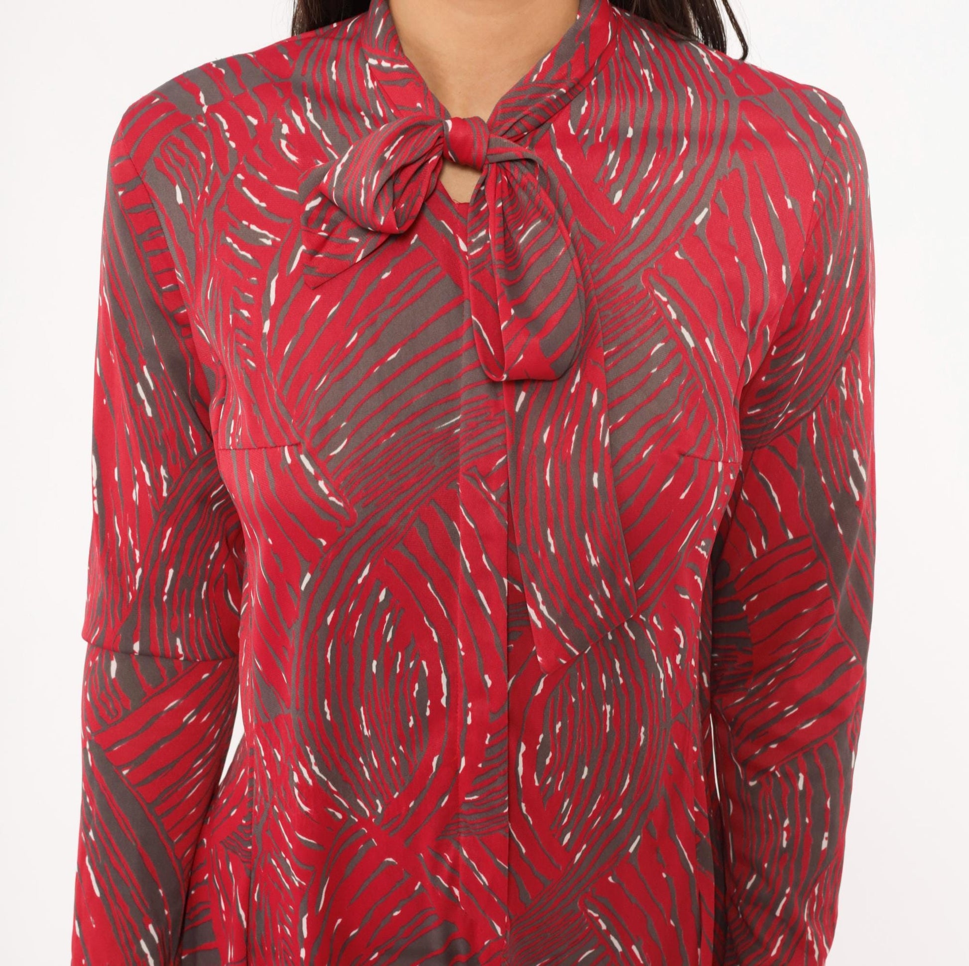 1960s Shelton Stroller Tie Bow Dress Red Grey Abstract Swirl Knee-Length Medium