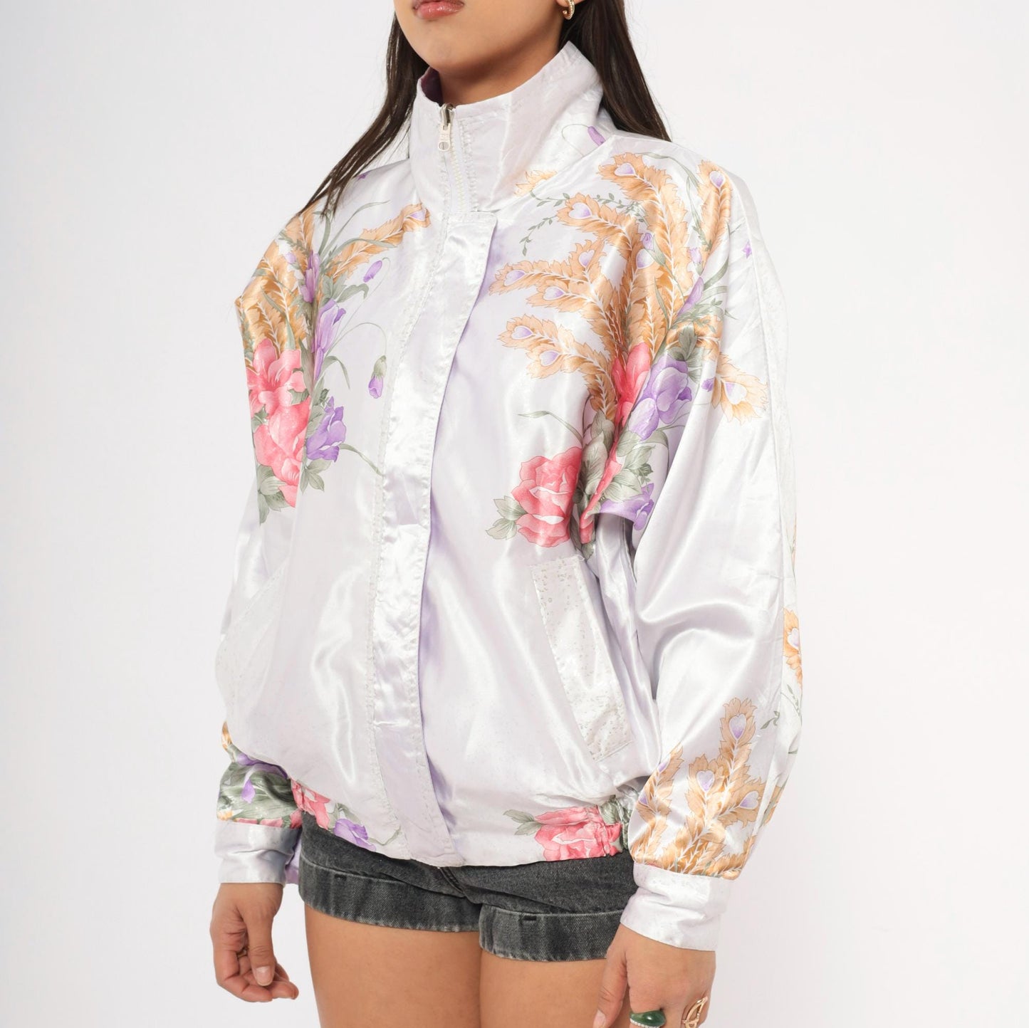 90s White Satin Floral Bomber Jacket Pink Purple Gold Roses Irises Medium M
