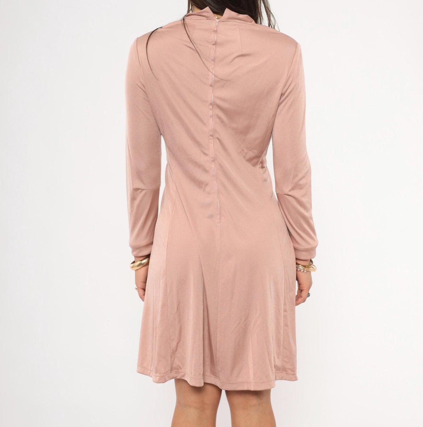 70s Mauve Mini Dress Long Sleeve V-Neck Gathered Waist A-Line Small S