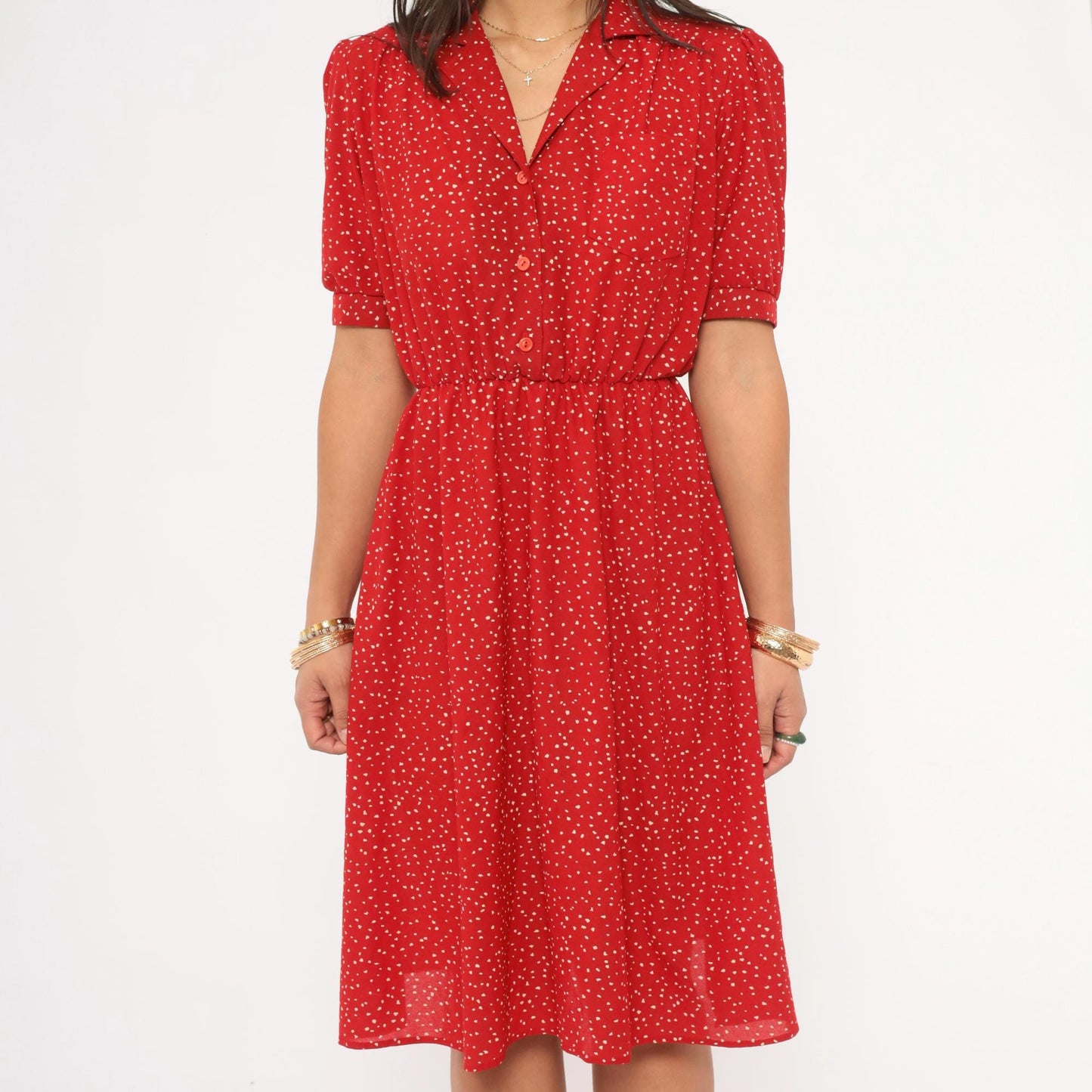 80s Red Speckled Dot Shirtdress White Print Puff Sleeve Knee Length Small
