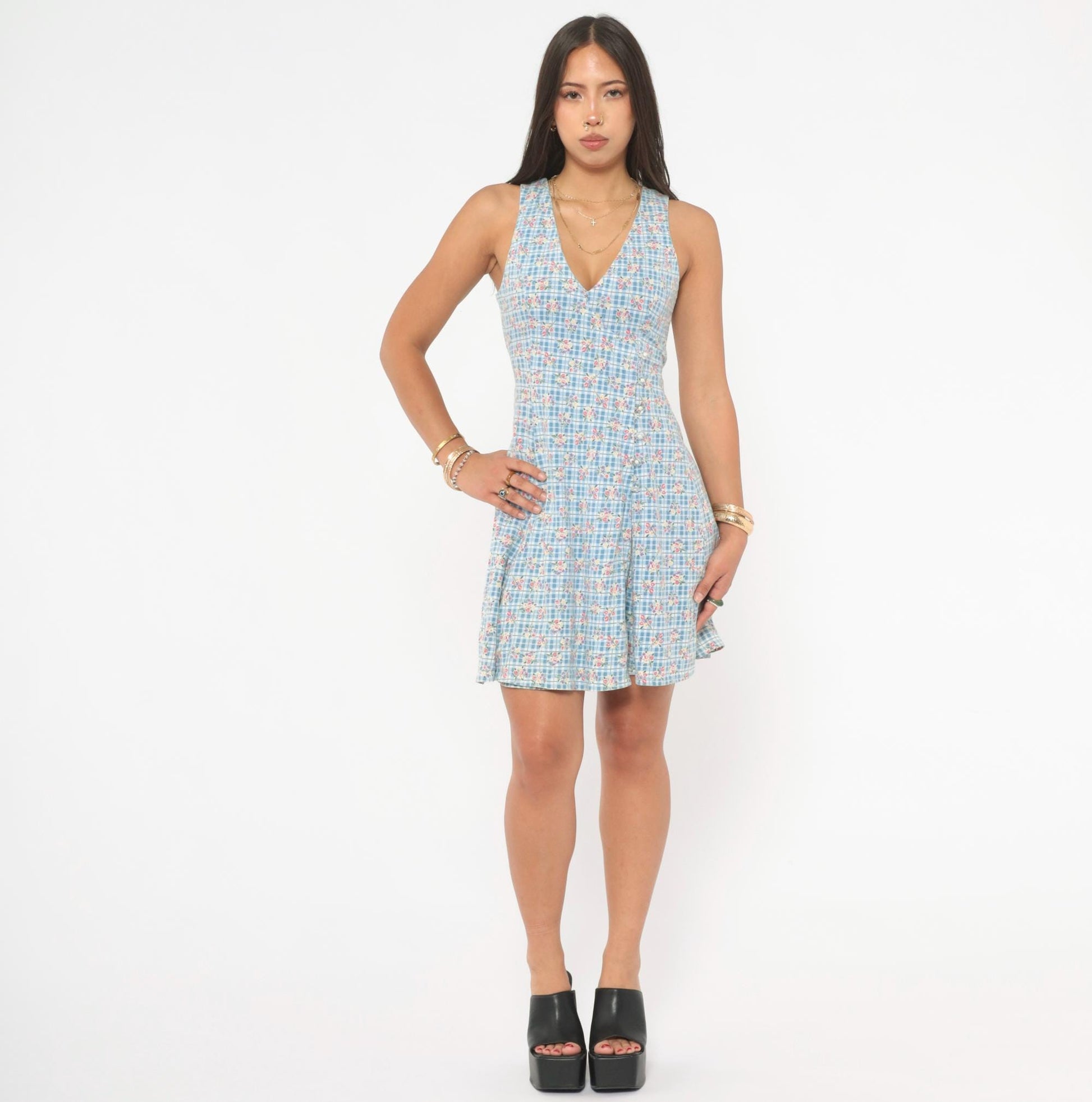 90s Blue Gingham Floral Playsuit Romper Mini Sleeveless Small S