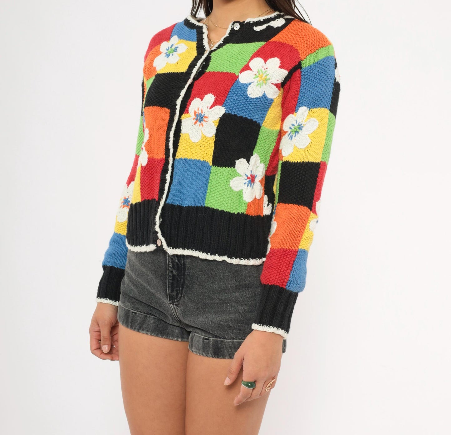 2000s Susan Bristol Patchwork Cardigan Colorblock Floral Applique Small S