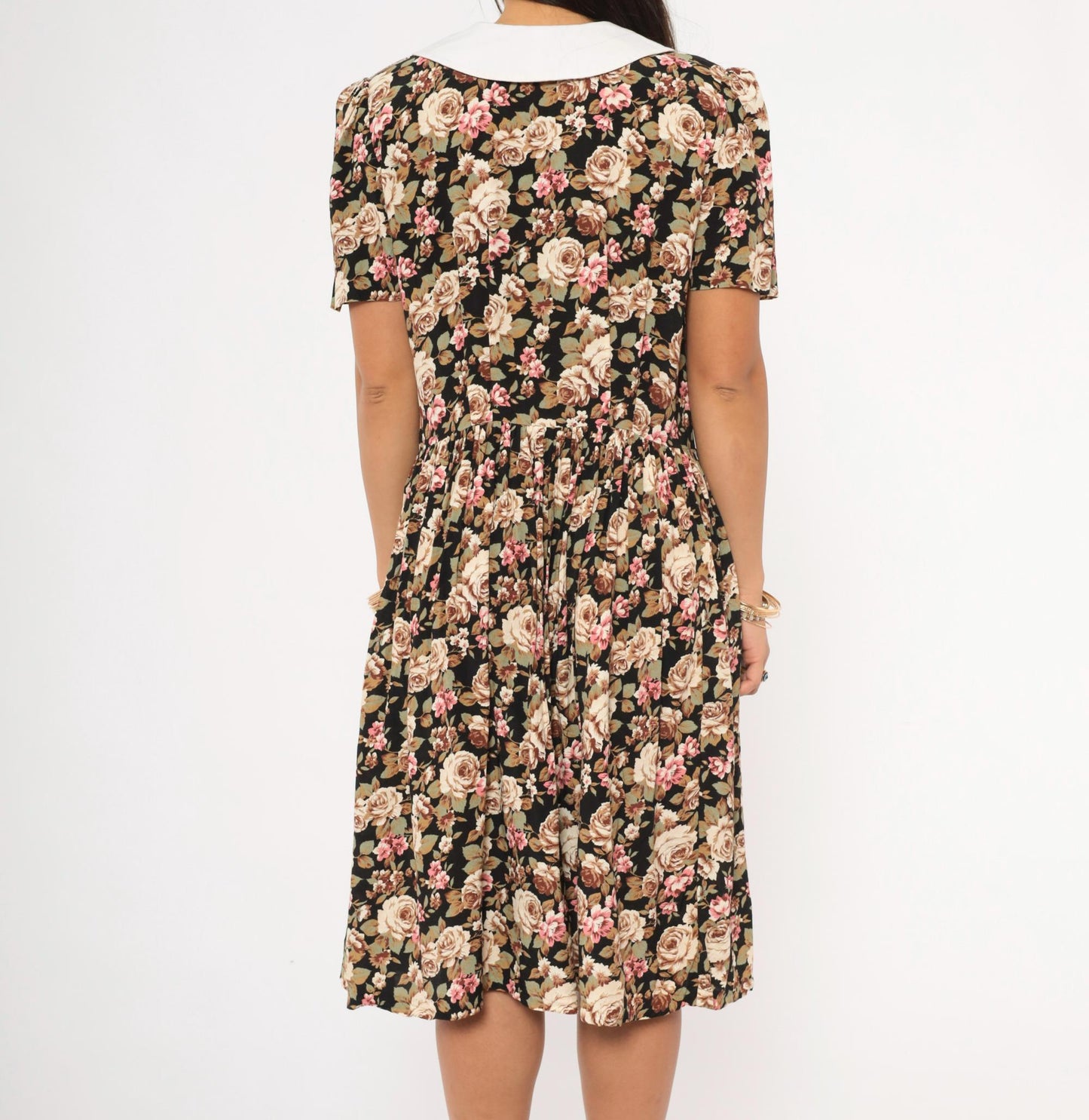 90s Black Floral Peter Pan Collar Dress Button Front Knee Length Medium M