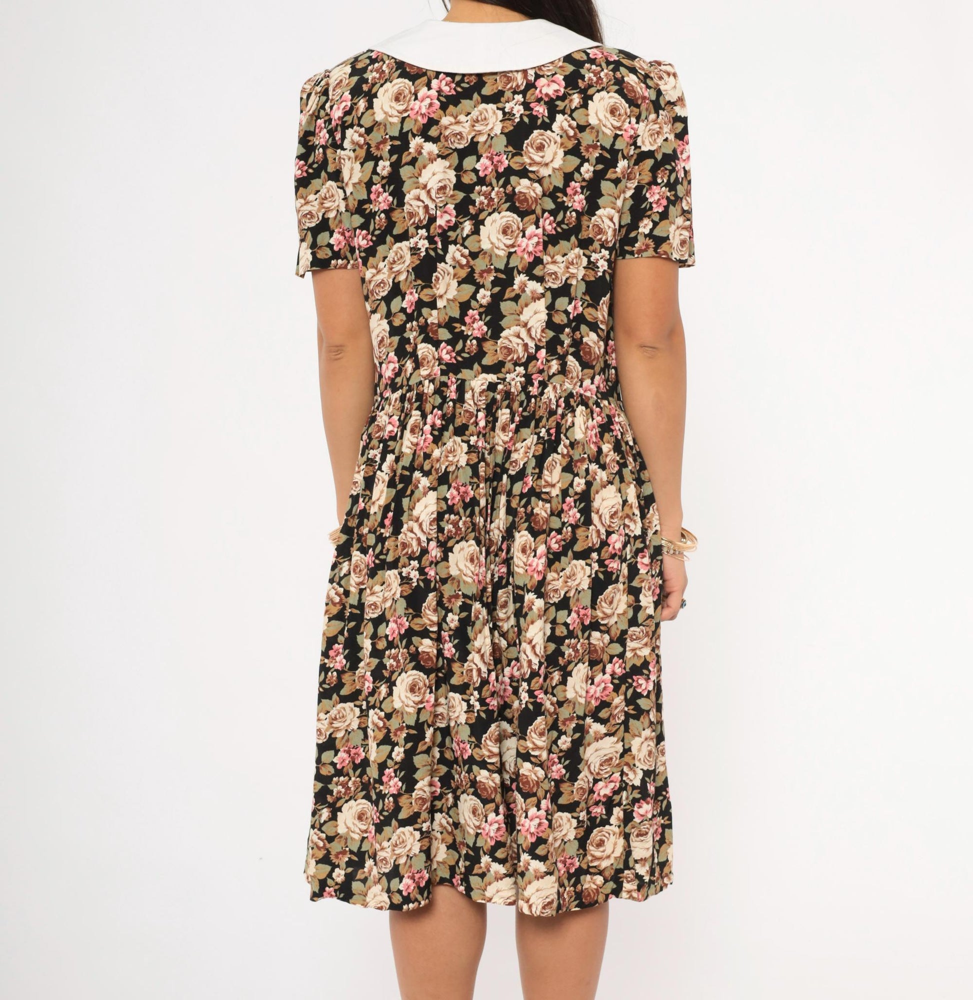 90s Black Floral Peter Pan Collar Dress Button Front Knee Length Medium M