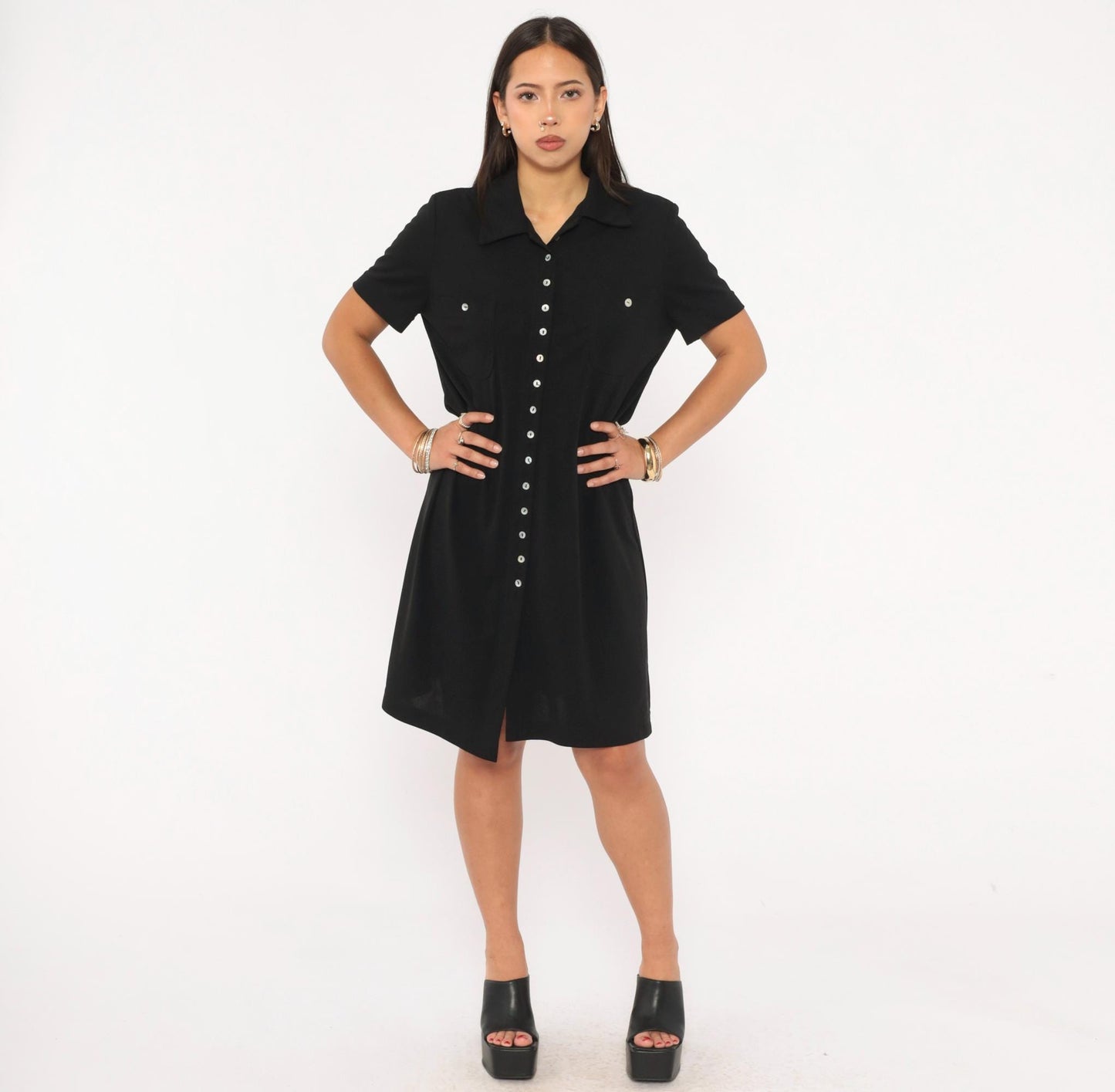 90s Jessica Howard Black Shirt Dress Button Front Collar Knee-Length Medium M