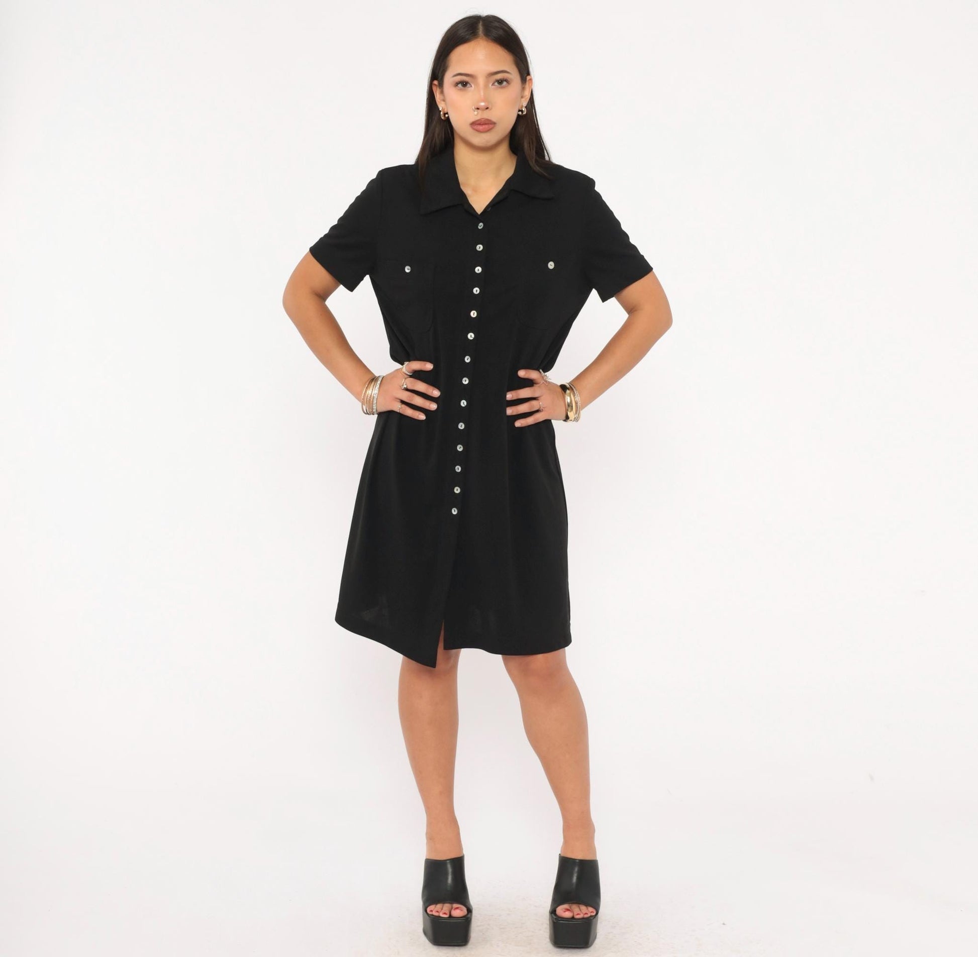 90s Jessica Howard Black Shirt Dress Button Front Collar Knee-Length Medium M