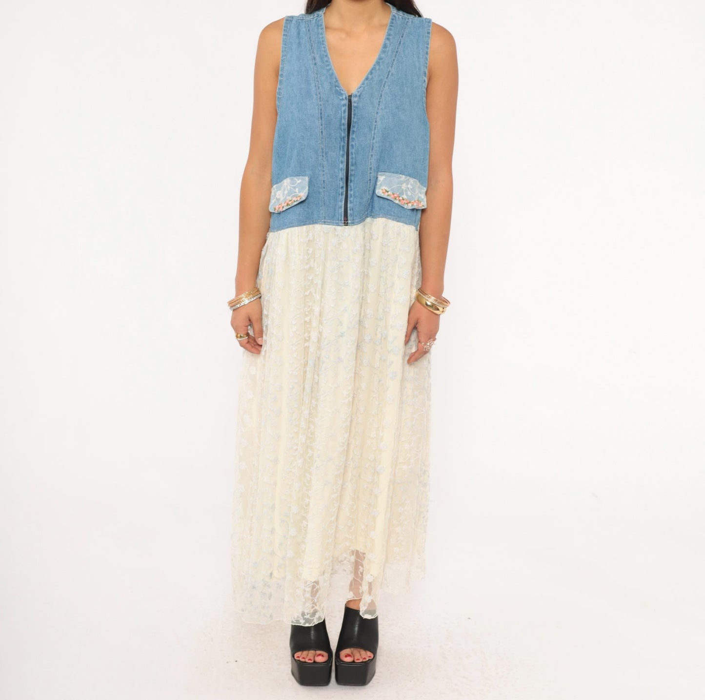 90s Modelle Designs Denim Lace Maxi Dress Sleeveless V Neck Floral Embroidered Cream Large L